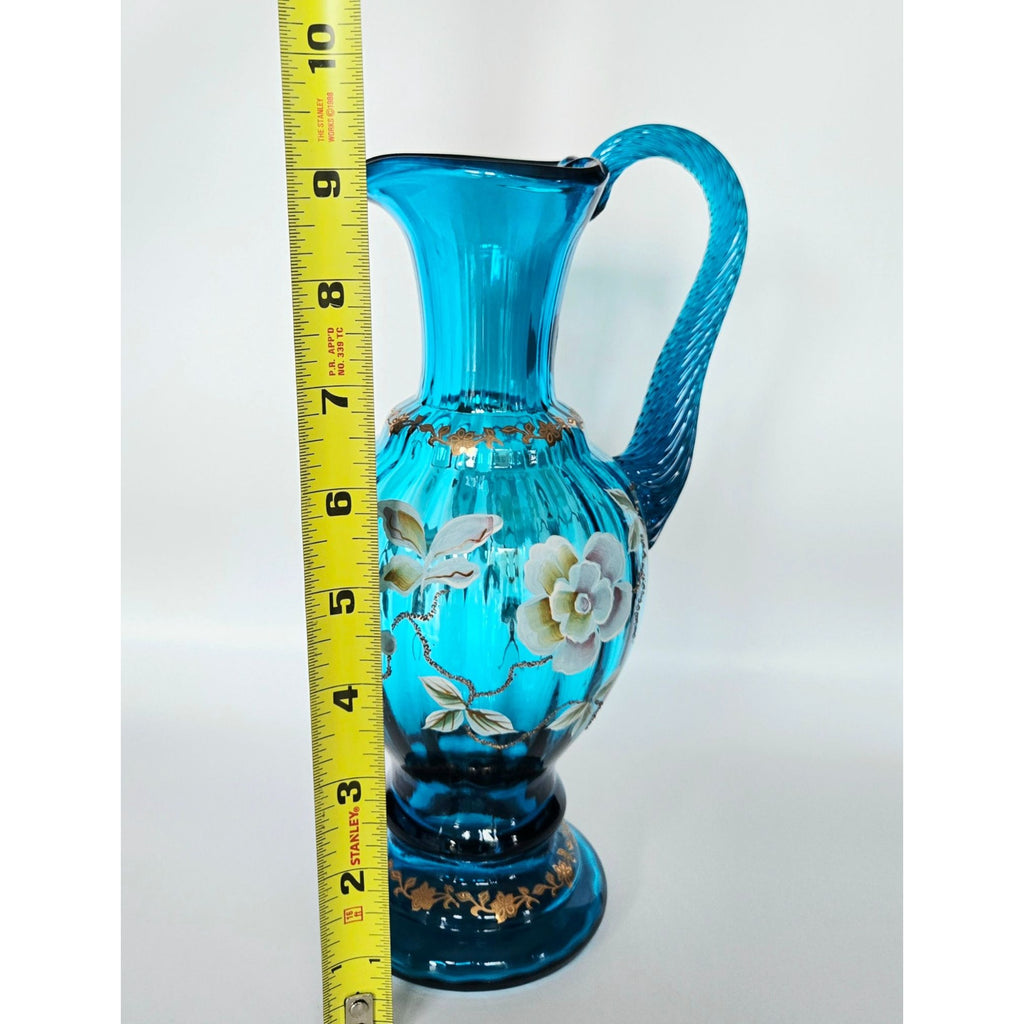 Fenton New Century Bill Fenton Pitcher Hand Painted Florals, Teal, Aqua, Excellent 9.5"