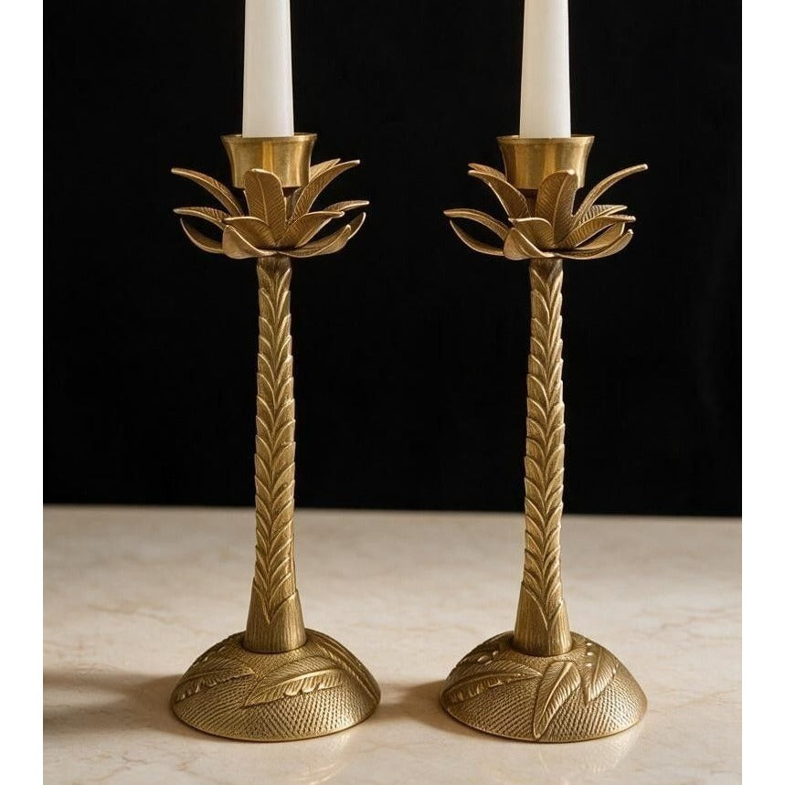 Vintage Brass Palm Tree Taper Candle Holders Pair With Leaf Detailing 13"