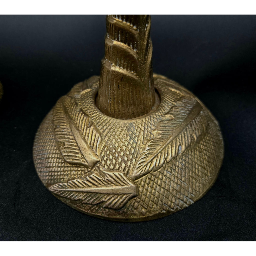 Vintage Brass Palm Tree Taper Candle Holders Pair With Leaf Detailing 13"