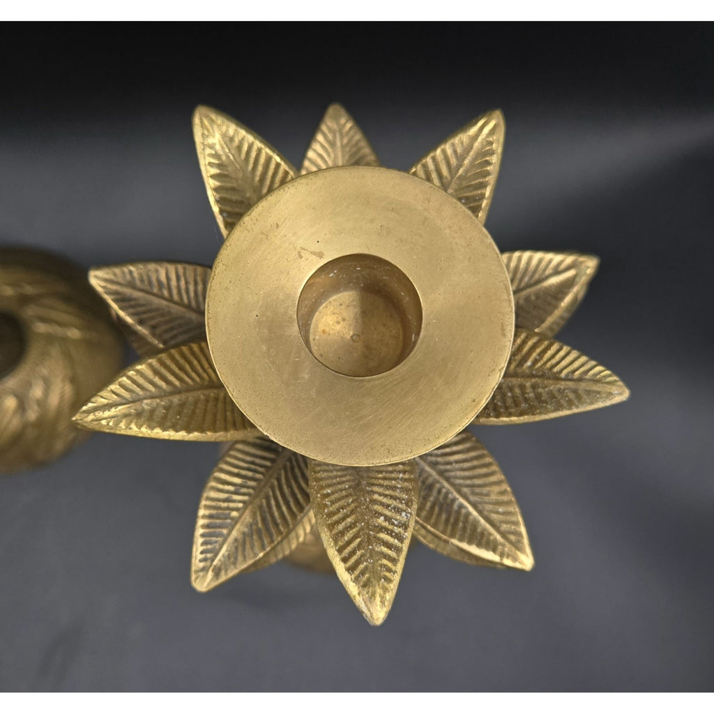 Vintage Brass Palm Tree Taper Candle Holders Pair With Leaf Detailing 13"
