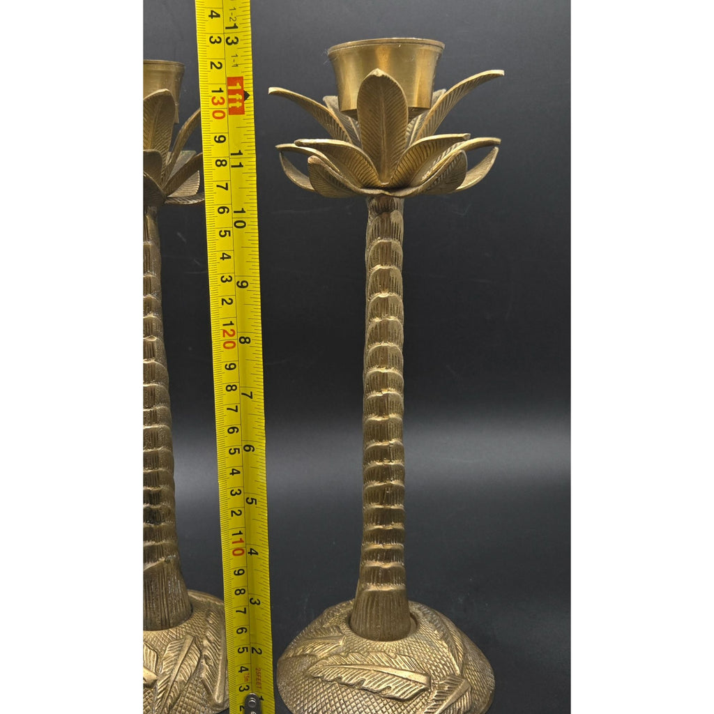Vintage Brass Palm Tree Taper Candle Holders Pair With Leaf Detailing 13"