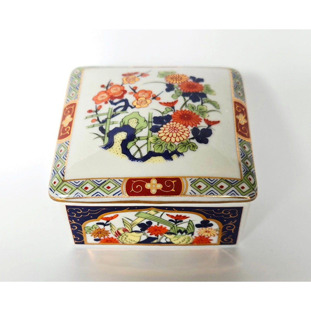 Vintage Japanese Porcelain Imari Style Trinket Box  Floral Designs Gold Accents