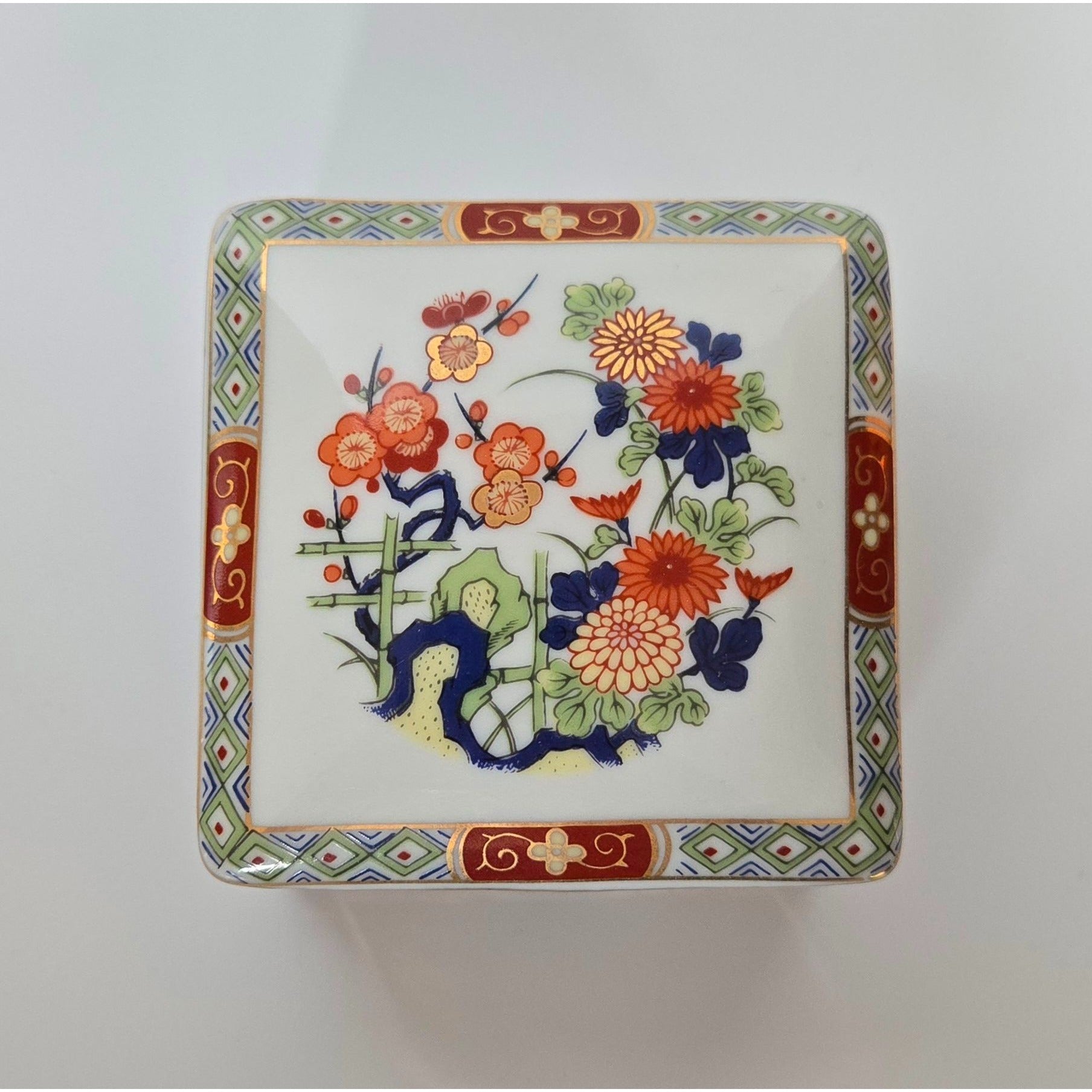 Vintage Japanese Porcelain Imari Style Trinket Box  Floral Designs Gold Accents