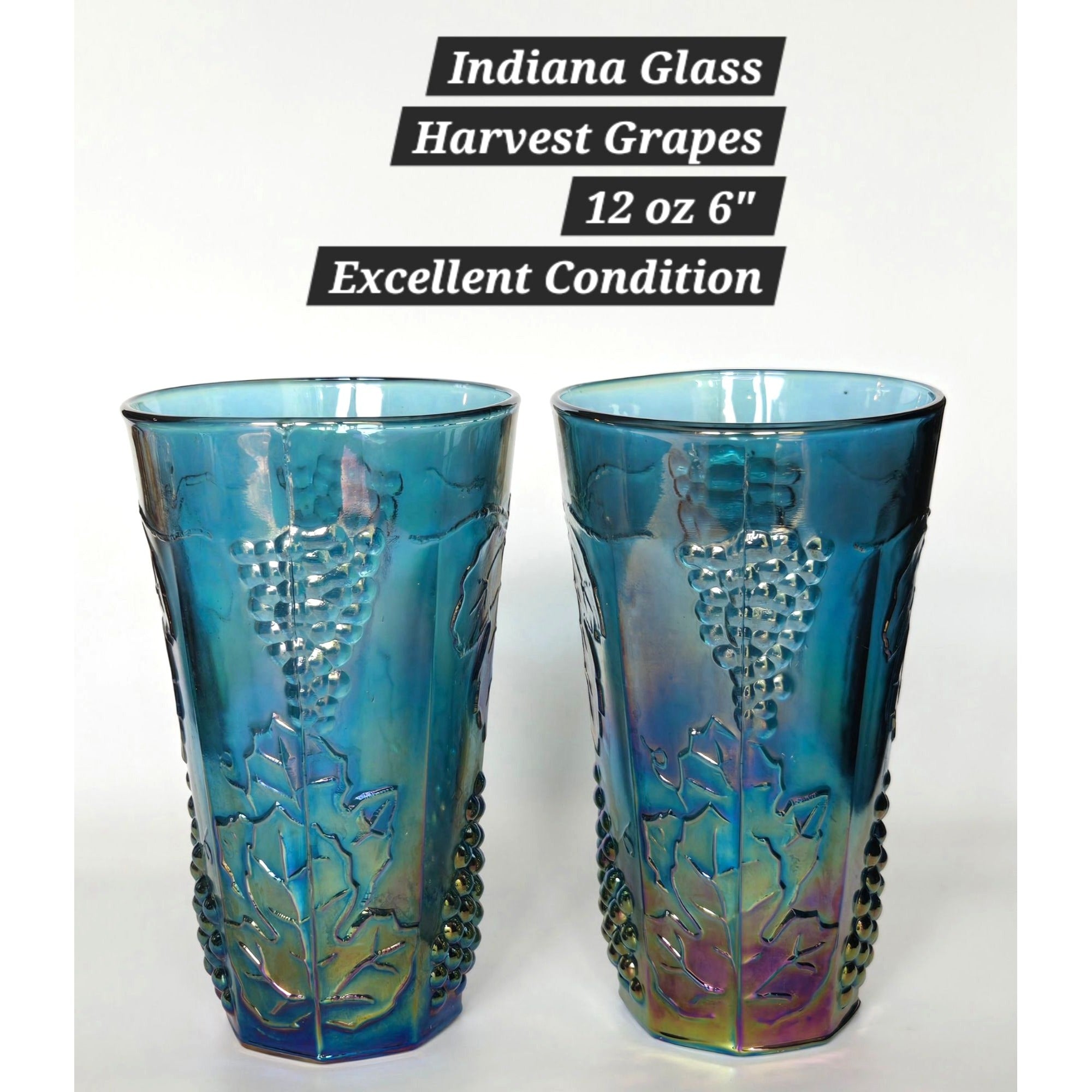Indiana Glass Harvest Grapes Blue Carnival Glass Tumblers 12 Oz 6" Set Of 2