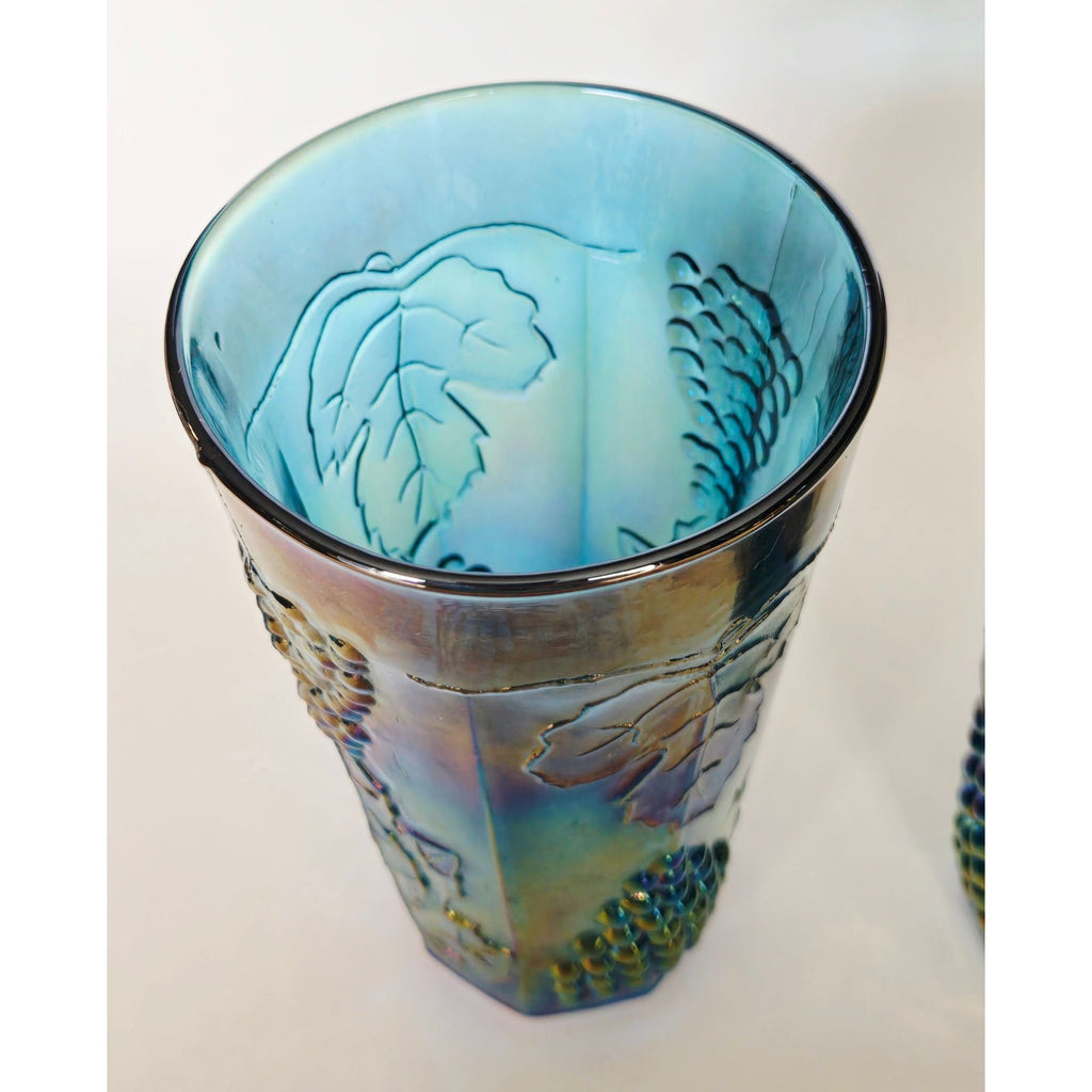 Indiana Glass Harvest Grapes Blue Carnival Glass Tumblers 12 Oz 6" Set Of 2