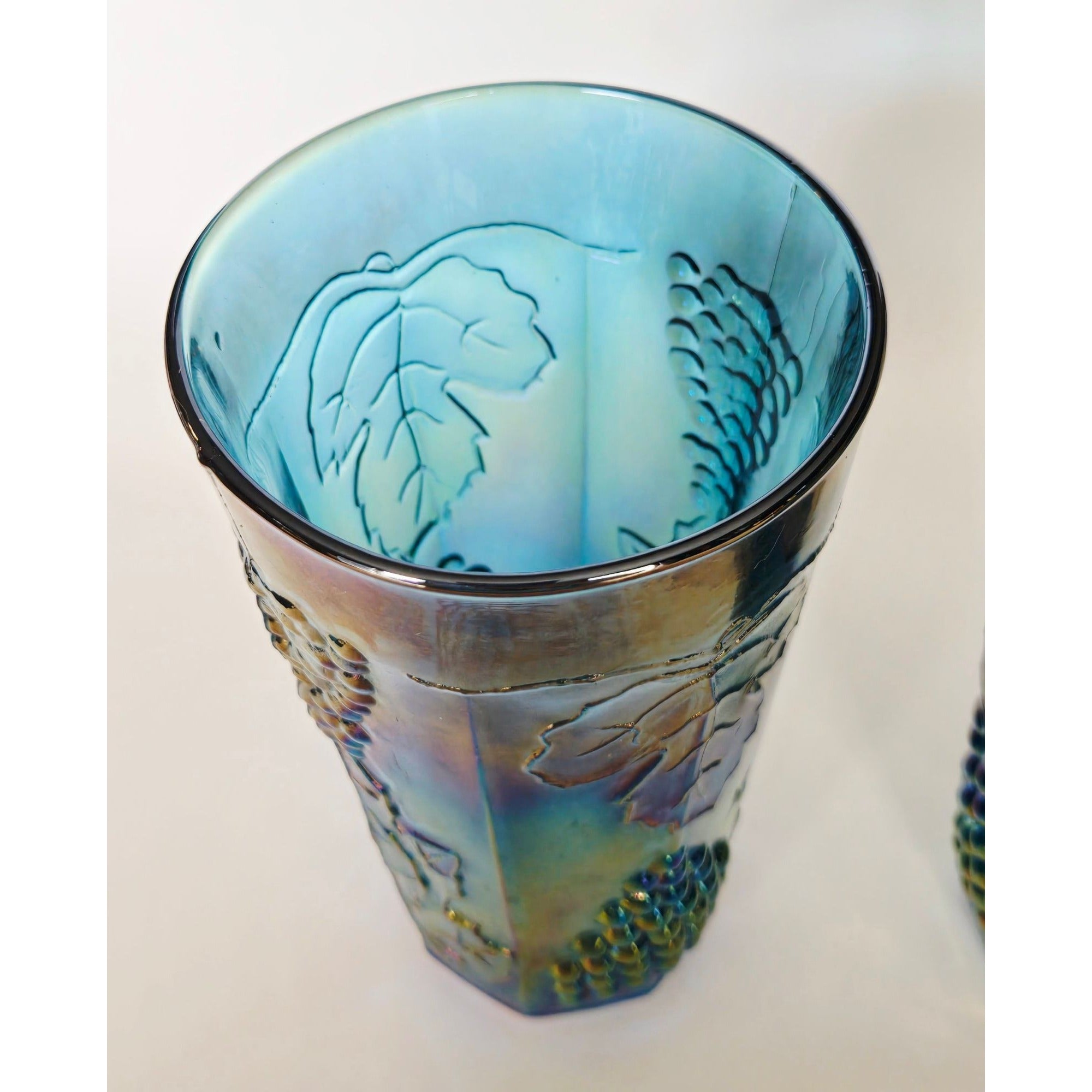 Indiana Glass Harvest Grapes Blue Carnival Glass Tumblers 12 Oz 6" Set Of 2
