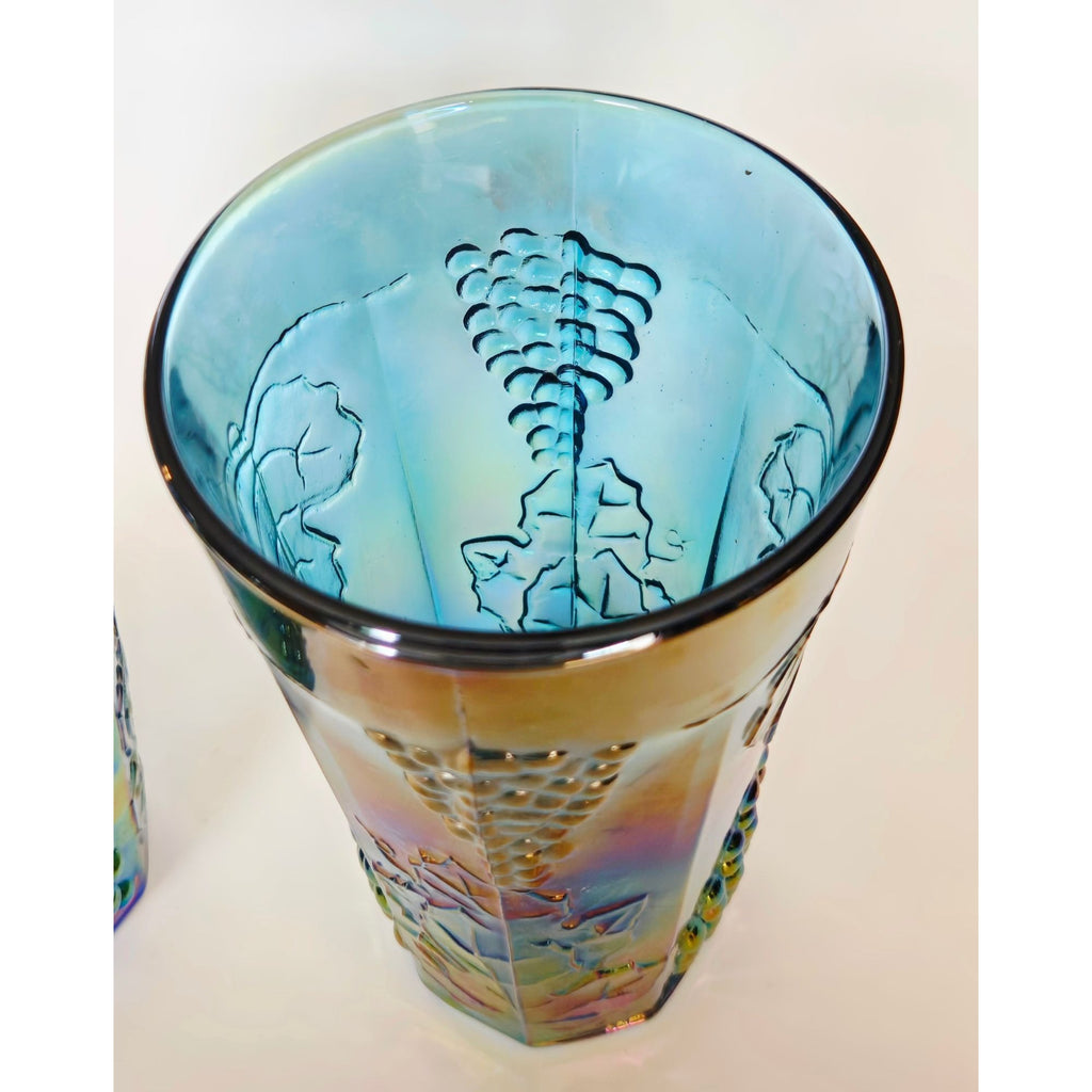 Indiana Glass Harvest Grapes Blue Carnival Glass Tumblers 12 Oz 6" Set Of 2