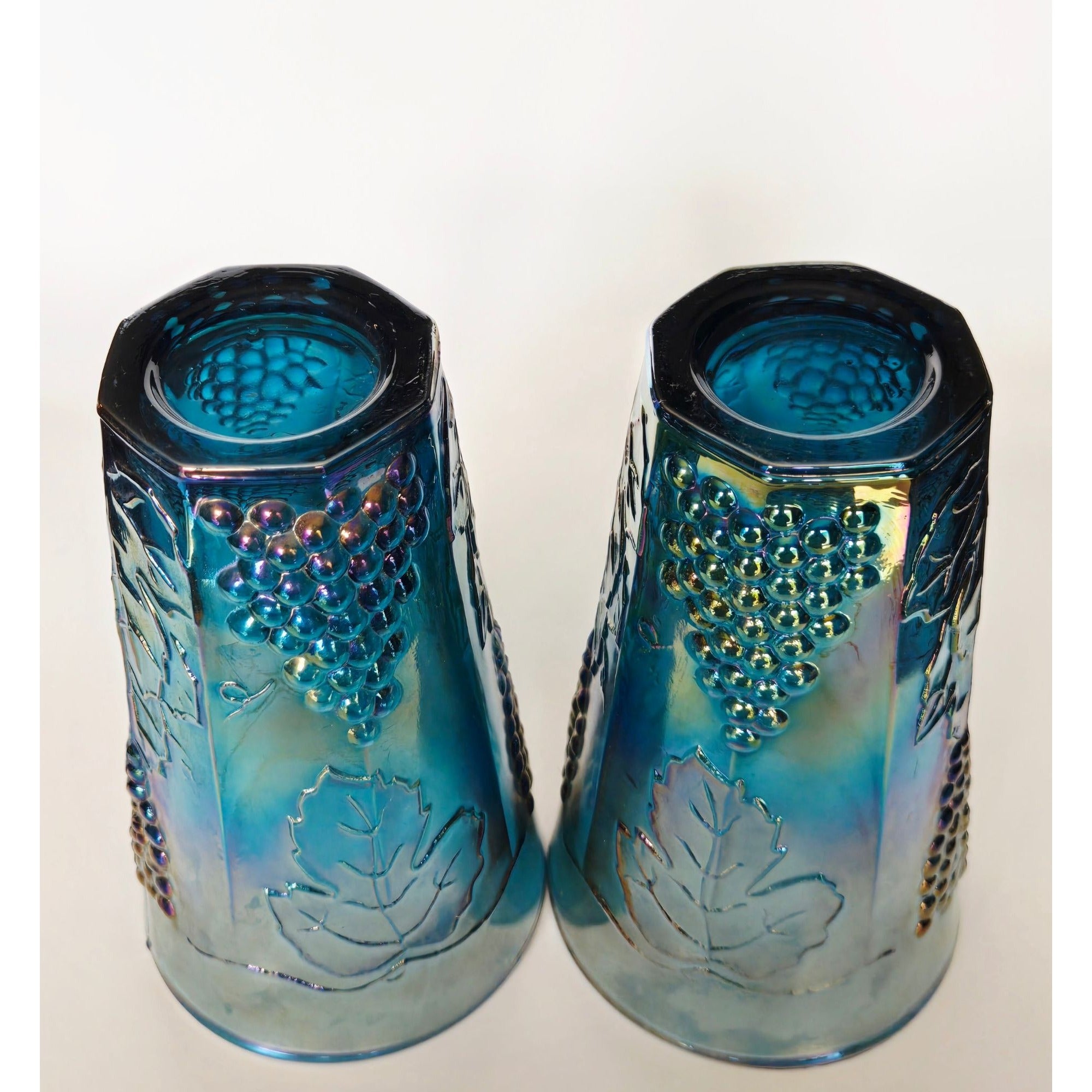 Indiana Glass Harvest Grapes Blue Carnival Glass Tumblers 12 Oz 6" Set Of 2