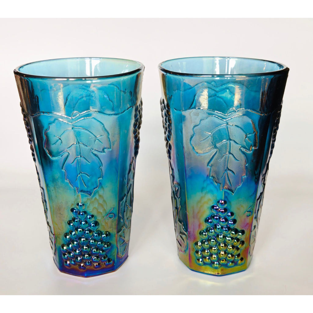 Indiana Glass Harvest Grapes Blue Carnival Glass Tumblers 12 Oz 6" Set Of 2