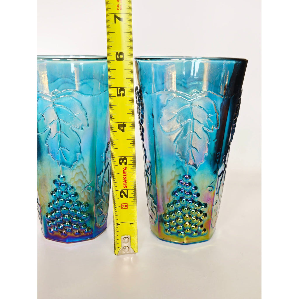 Indiana Glass Harvest Grapes Blue Carnival Glass Tumblers 12 Oz 6" Set Of 2
