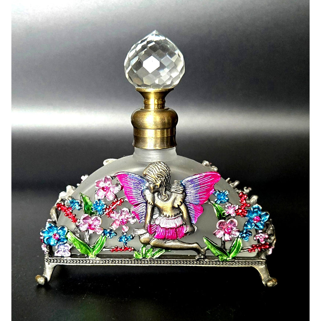 Frosted Glass Perfume Bottle Fairy & Floral Brass Ormolu Accents Crystal
