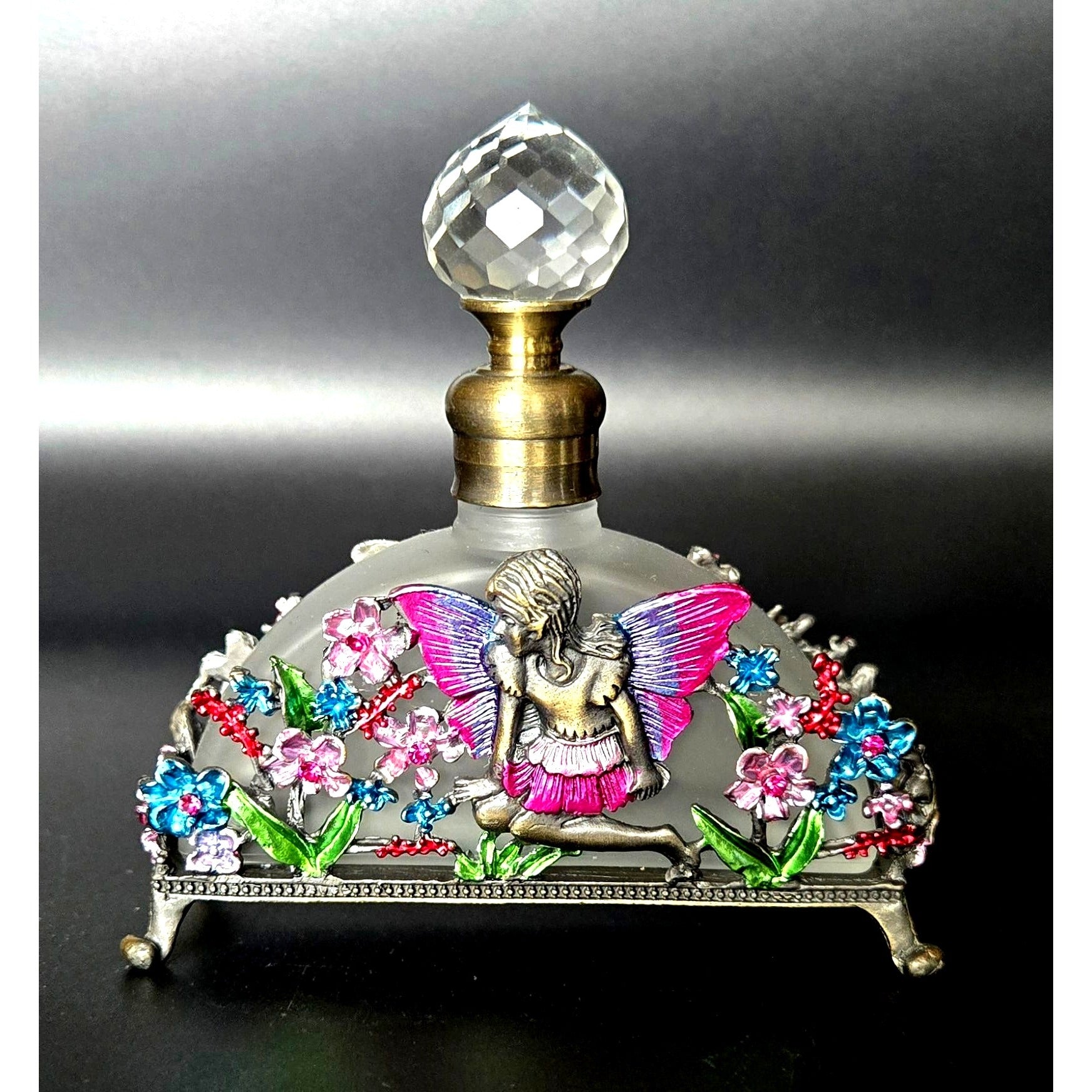 Frosted Glass Perfume Bottle Fairy & Floral Brass Ormolu Accents Crystal