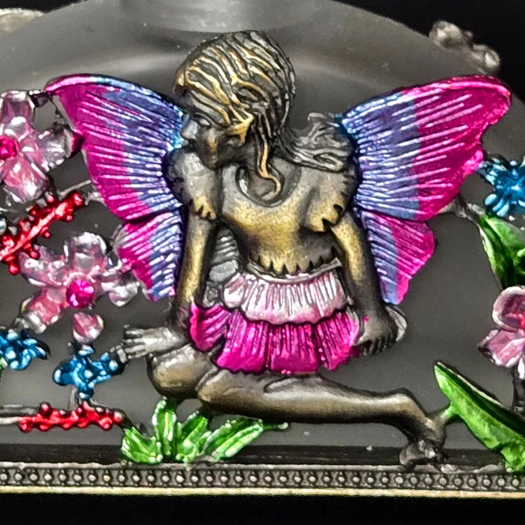 Frosted Glass Perfume Bottle Fairy & Floral Brass Ormolu Accents Crystal
