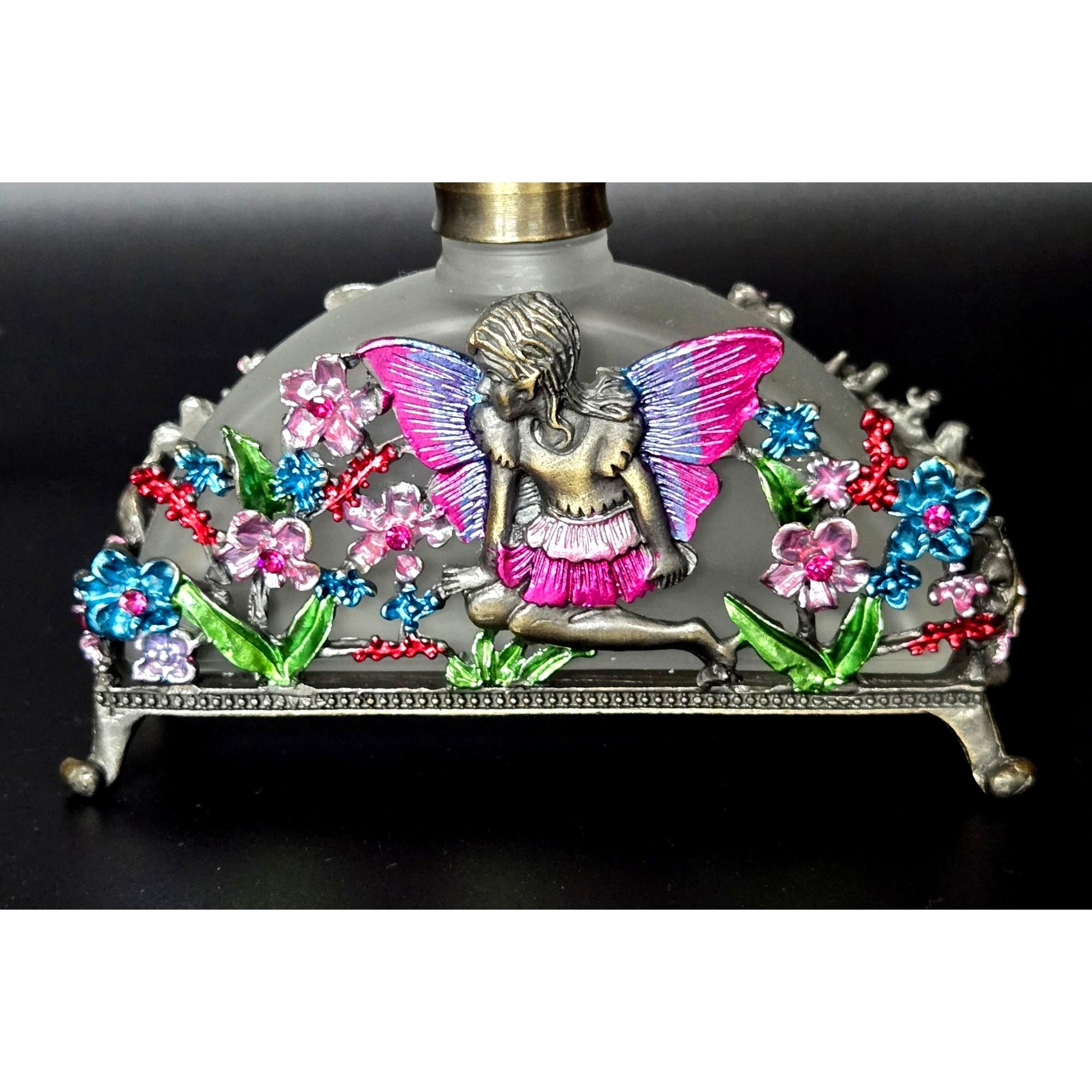 Frosted Glass Perfume Bottle Fairy & Floral Brass Ormolu Accents Crystal