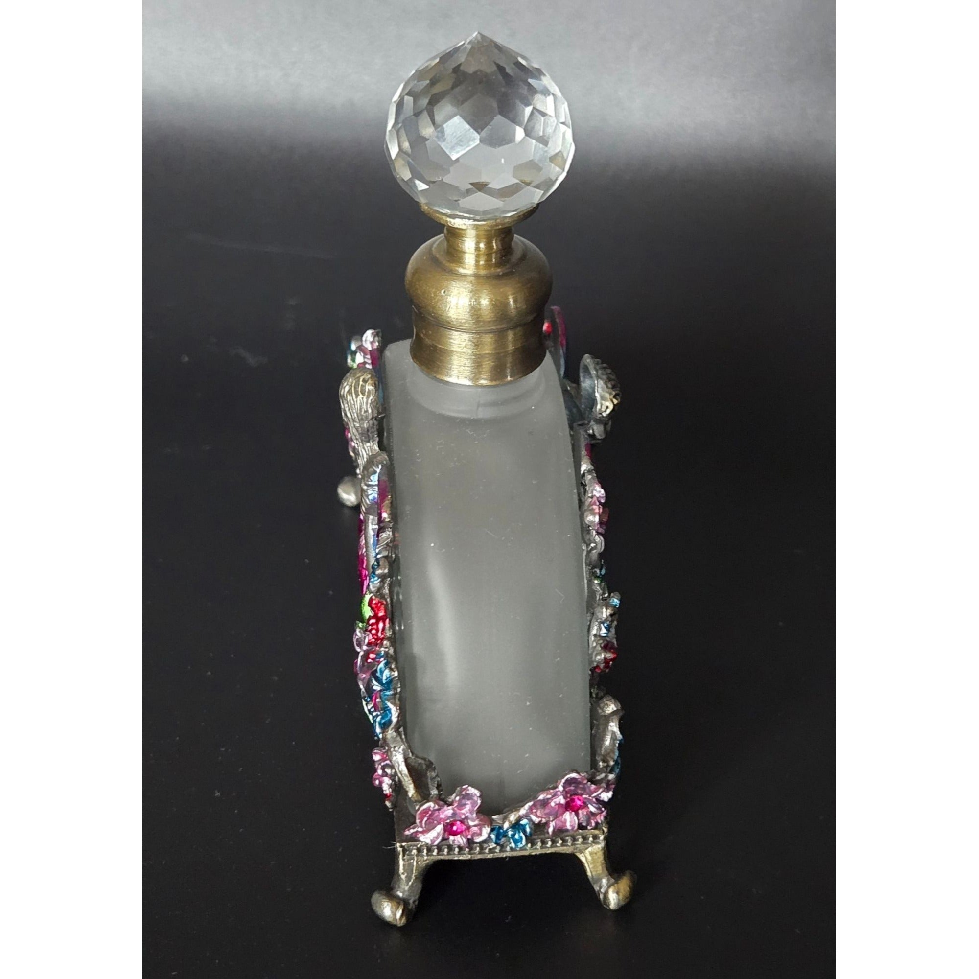 Frosted Glass Perfume Bottle Fairy & Floral Brass Ormolu Accents Crystal