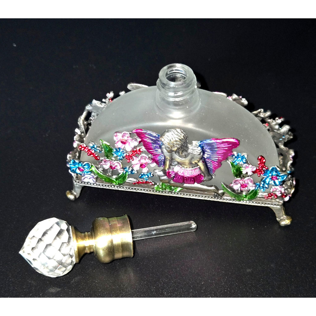 Frosted Glass Perfume Bottle Fairy & Floral Brass Ormolu Accents Crystal