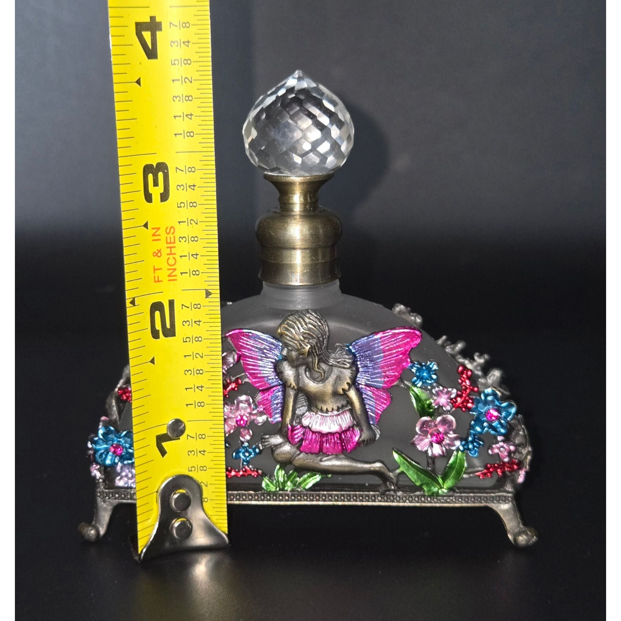 Frosted Glass Perfume Bottle Fairy & Floral Brass Ormolu Accents Crystal