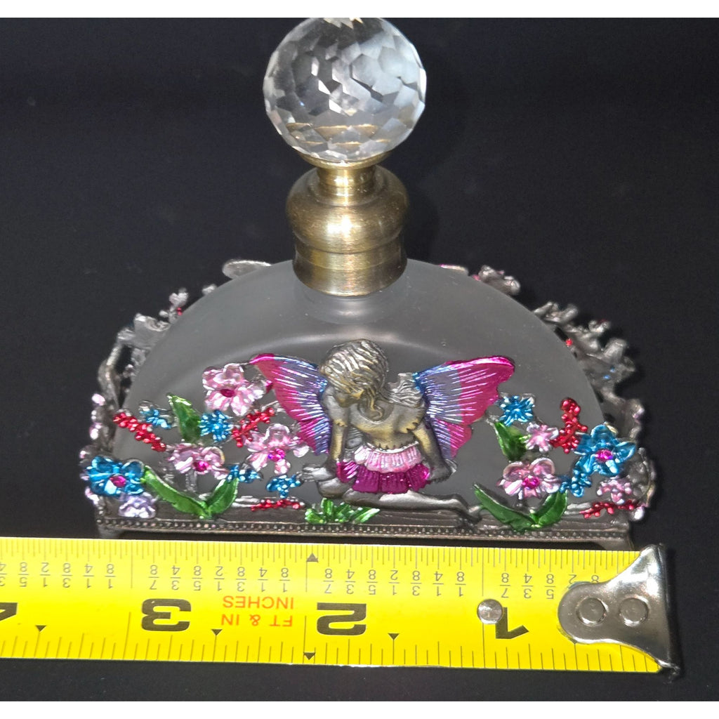 Frosted Glass Perfume Bottle Fairy & Floral Brass Ormolu Accents Crystal
