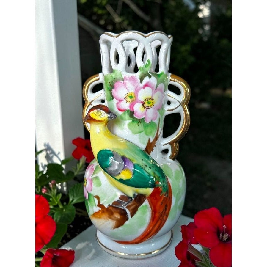 Occupied Japan Porcelain Vase With Bird Floral Design & Gold Accents