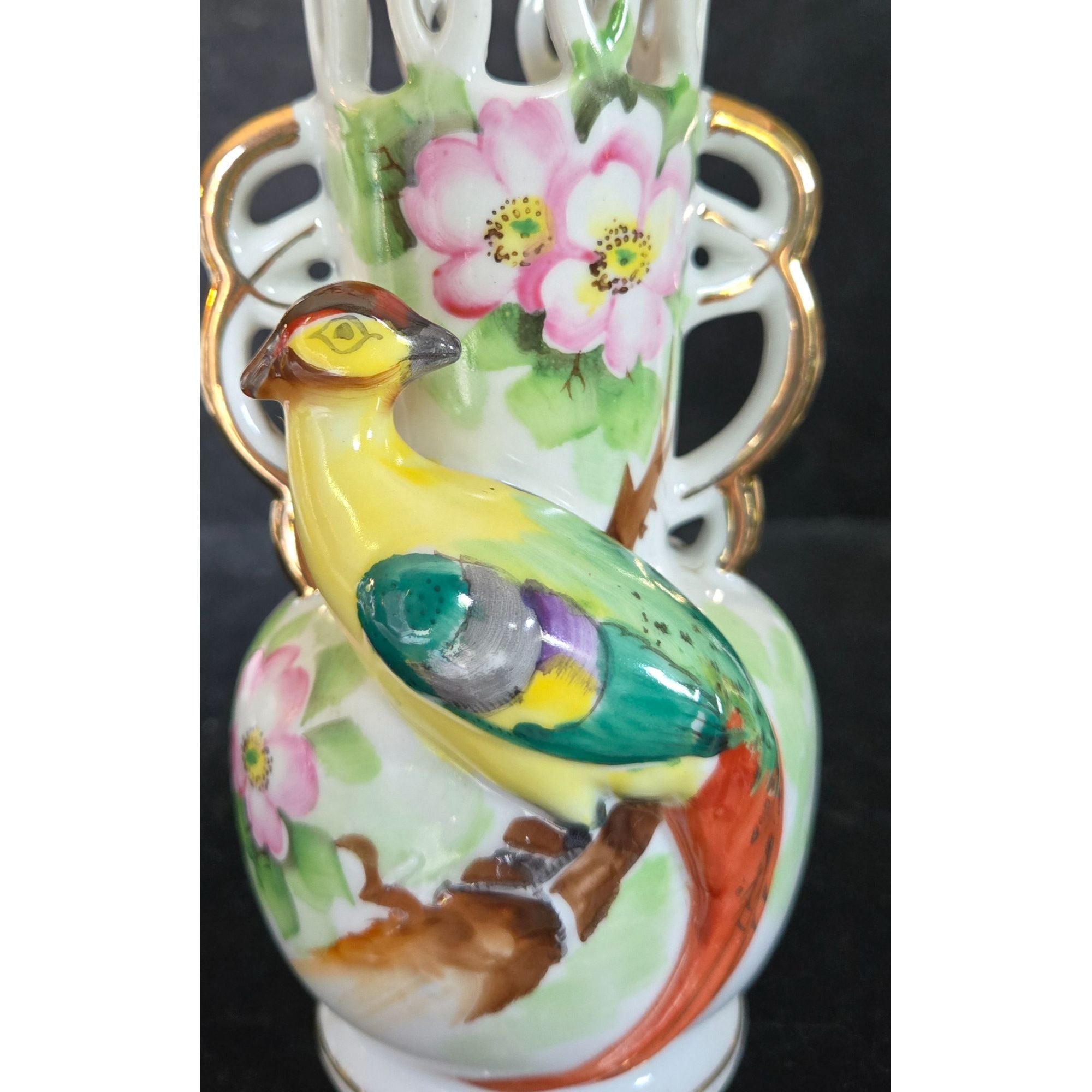 Occupied Japan Porcelain Vase With Bird Floral Design & Gold Accents