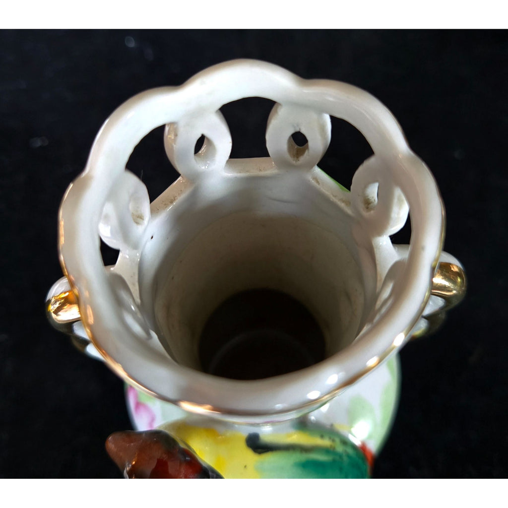 Occupied Japan Porcelain Vase With Bird Floral Design & Gold Accents