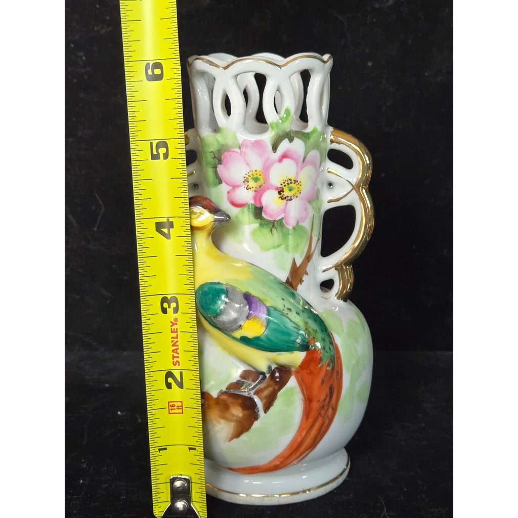 Occupied Japan Porcelain Vase With Bird Floral Design & Gold Accents