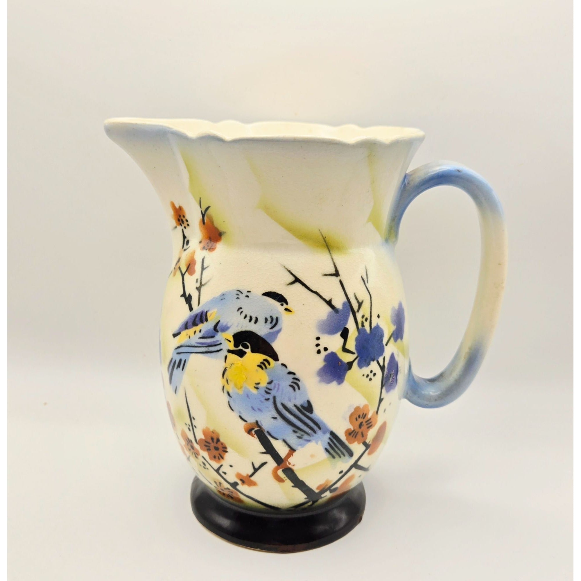 Hand-Painted Antique 1920s Ceramic Pitcher With Bird & Floral, Bohemian Czech Ceramic