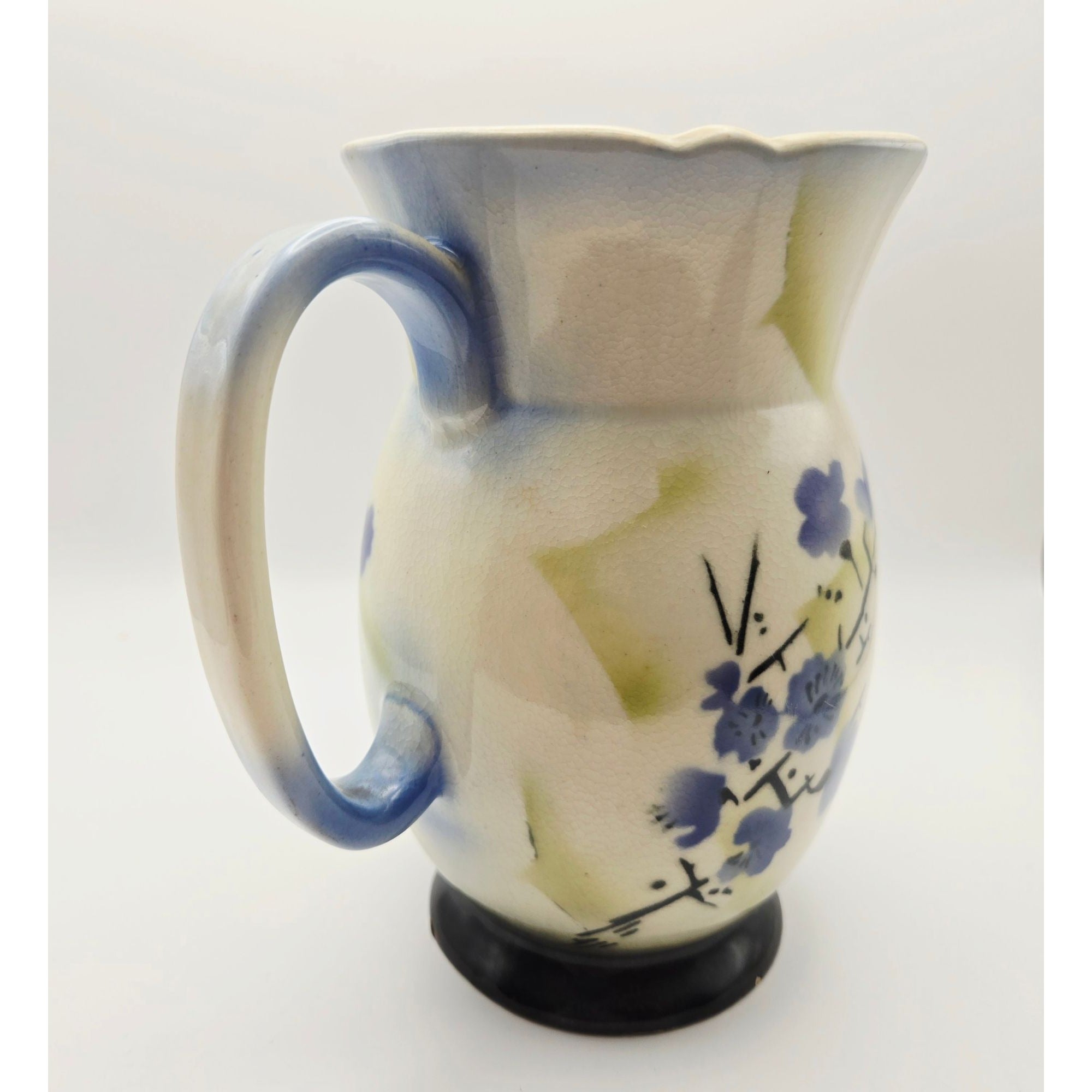 Hand-Painted Antique 1920s Ceramic Pitcher With Bird & Floral, Bohemian Czech Ceramic