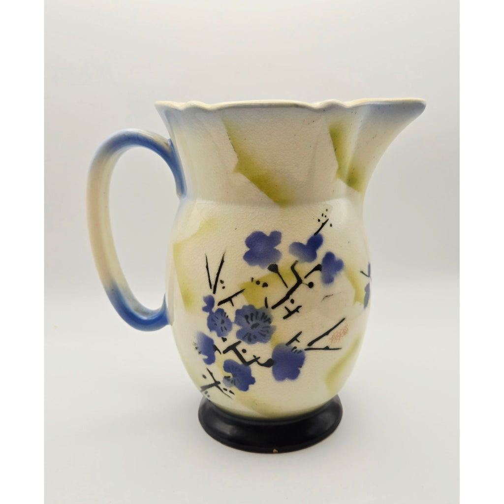 Hand-Painted Antique 1920s Ceramic Pitcher With Bird & Floral, Bohemian Czech Ceramic