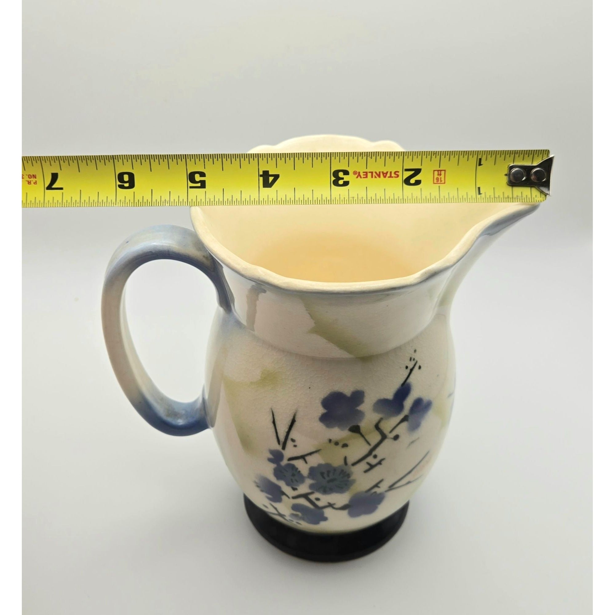 Hand-Painted Antique 1920s Ceramic Pitcher With Bird & Floral, Bohemian Czech Ceramic