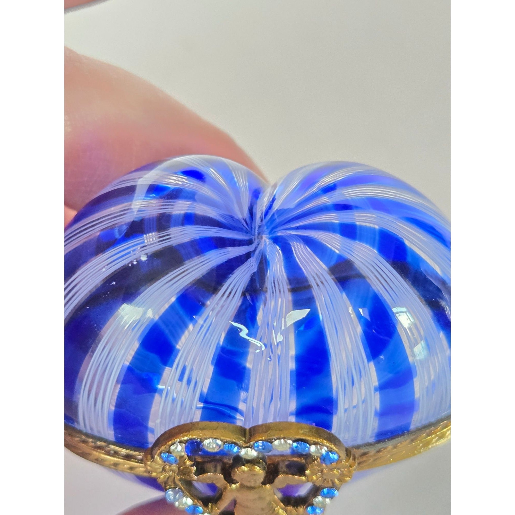 Murano Latticino Cobalt Blue Glass Heart Trinket Box W/Cherub & Rhinestone Accents