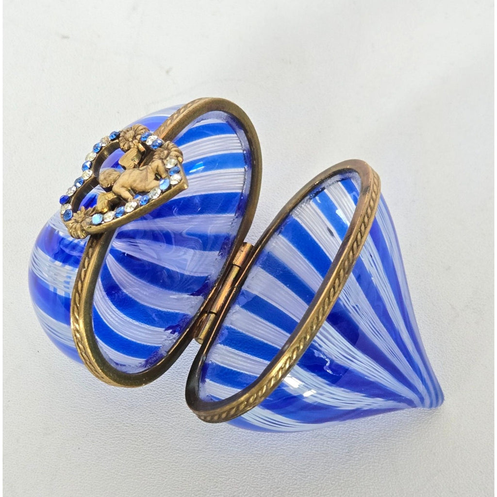 Murano Latticino Cobalt Blue Glass Heart Trinket Box W/Cherub & Rhinestone Accents