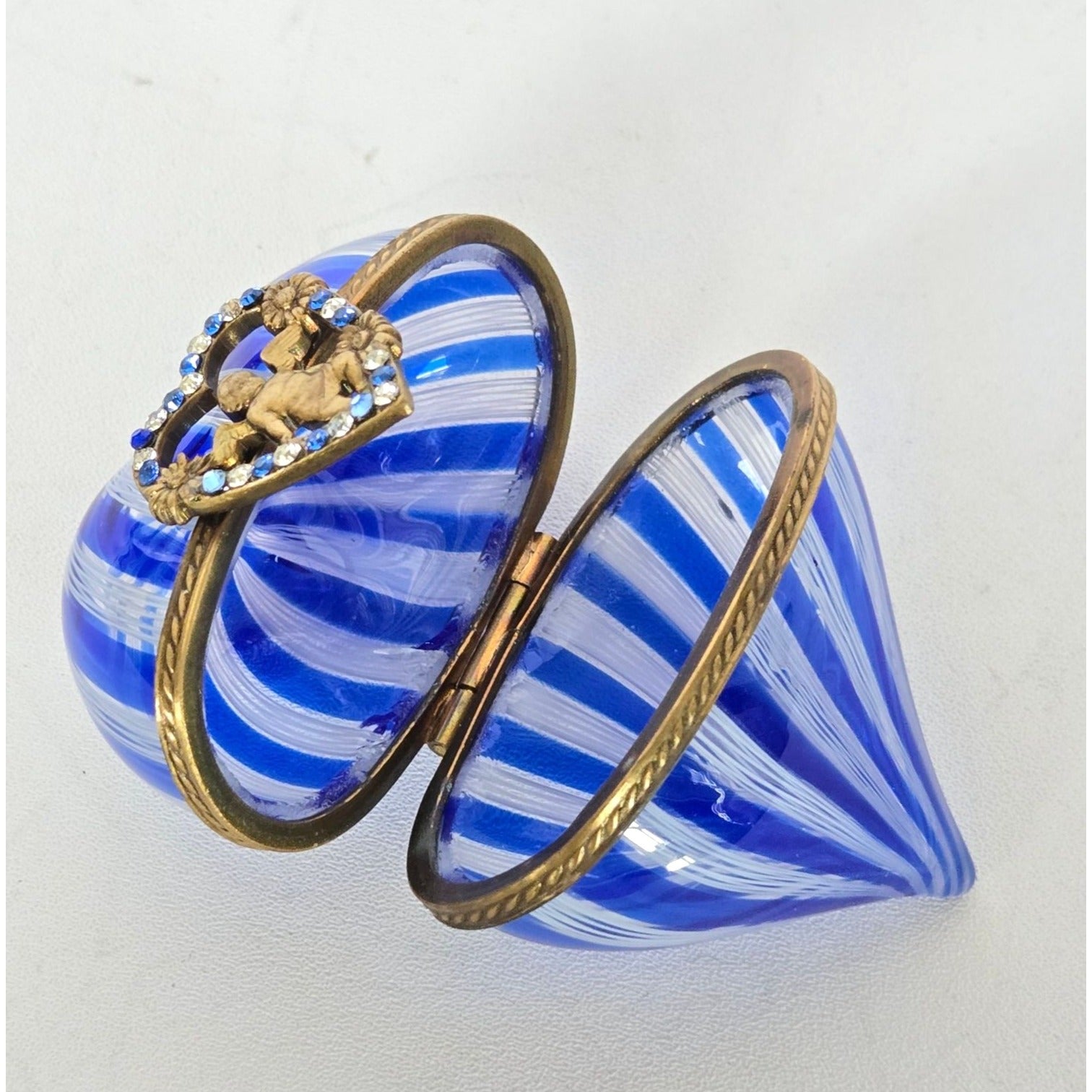 Murano Latticino Cobalt Blue Glass Heart Trinket Box W/Cherub & Rhinestone Accents