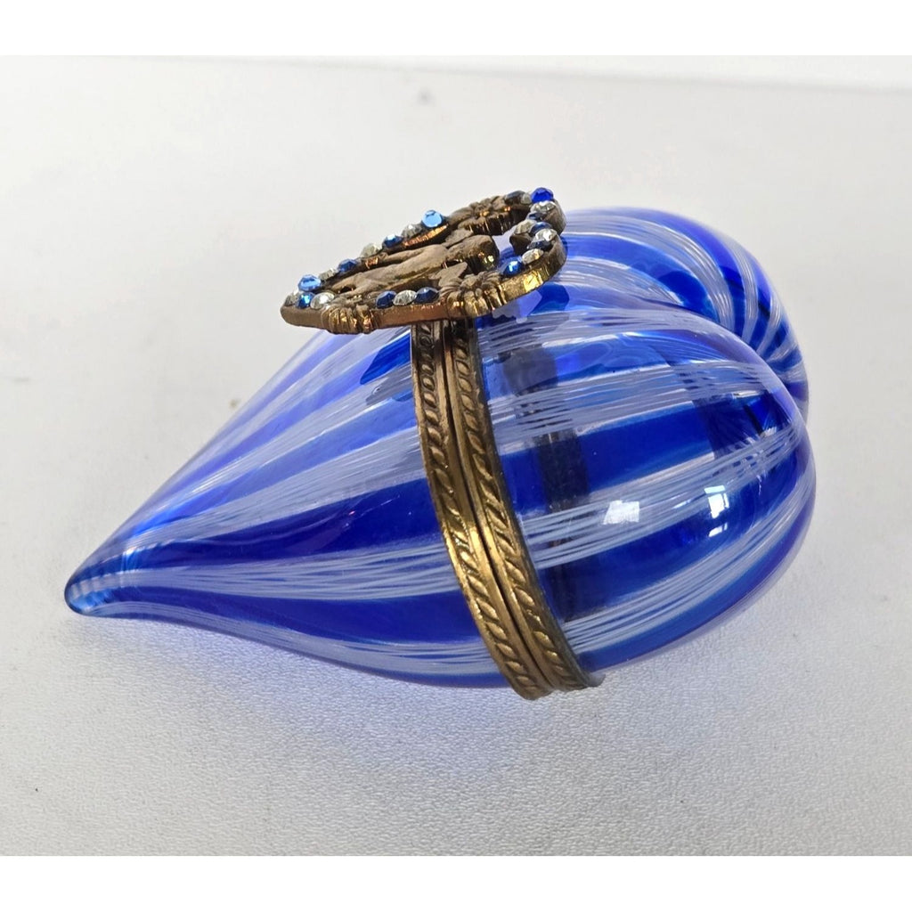 Murano Latticino Cobalt Blue Glass Heart Trinket Box W/Cherub & Rhinestone Accents