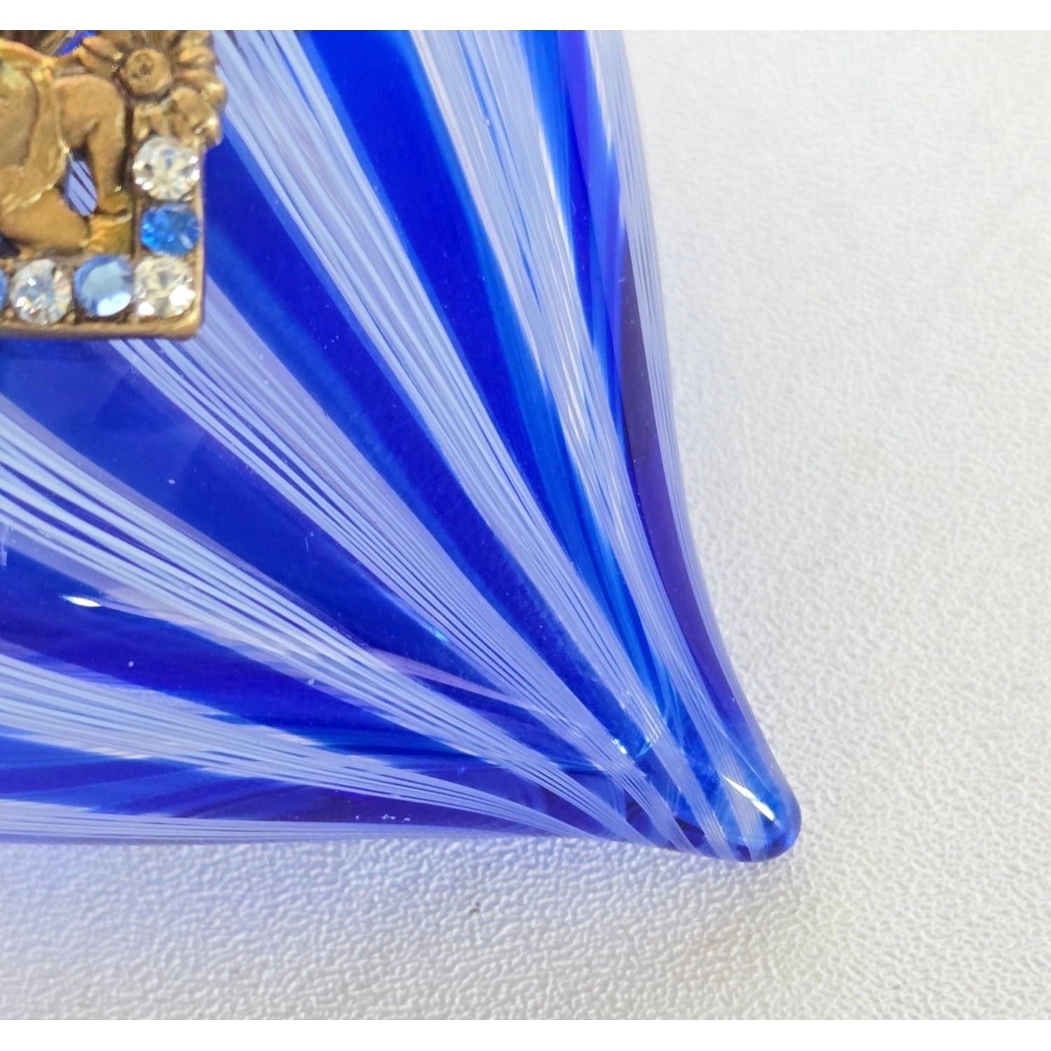 Murano Latticino Cobalt Blue Glass Heart Trinket Box W/Cherub & Rhinestone Accents
