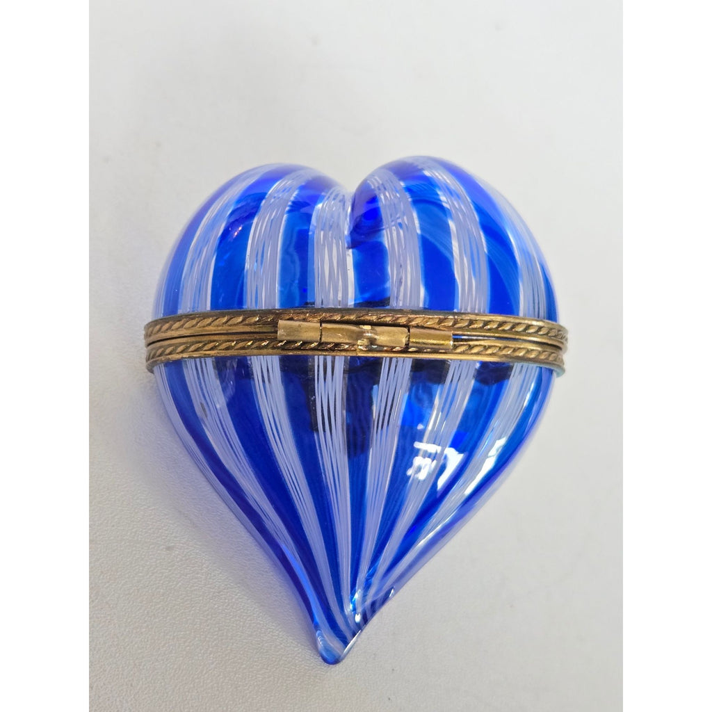 Murano Latticino Cobalt Blue Glass Heart Trinket Box W/Cherub & Rhinestone Accents
