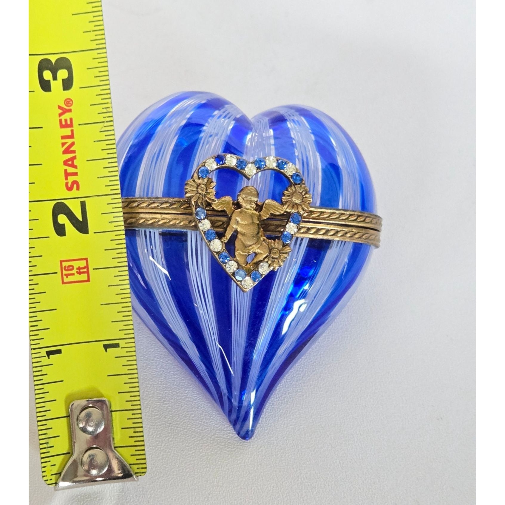 Murano Latticino Cobalt Blue Glass Heart Trinket Box W/Cherub & Rhinestone Accents