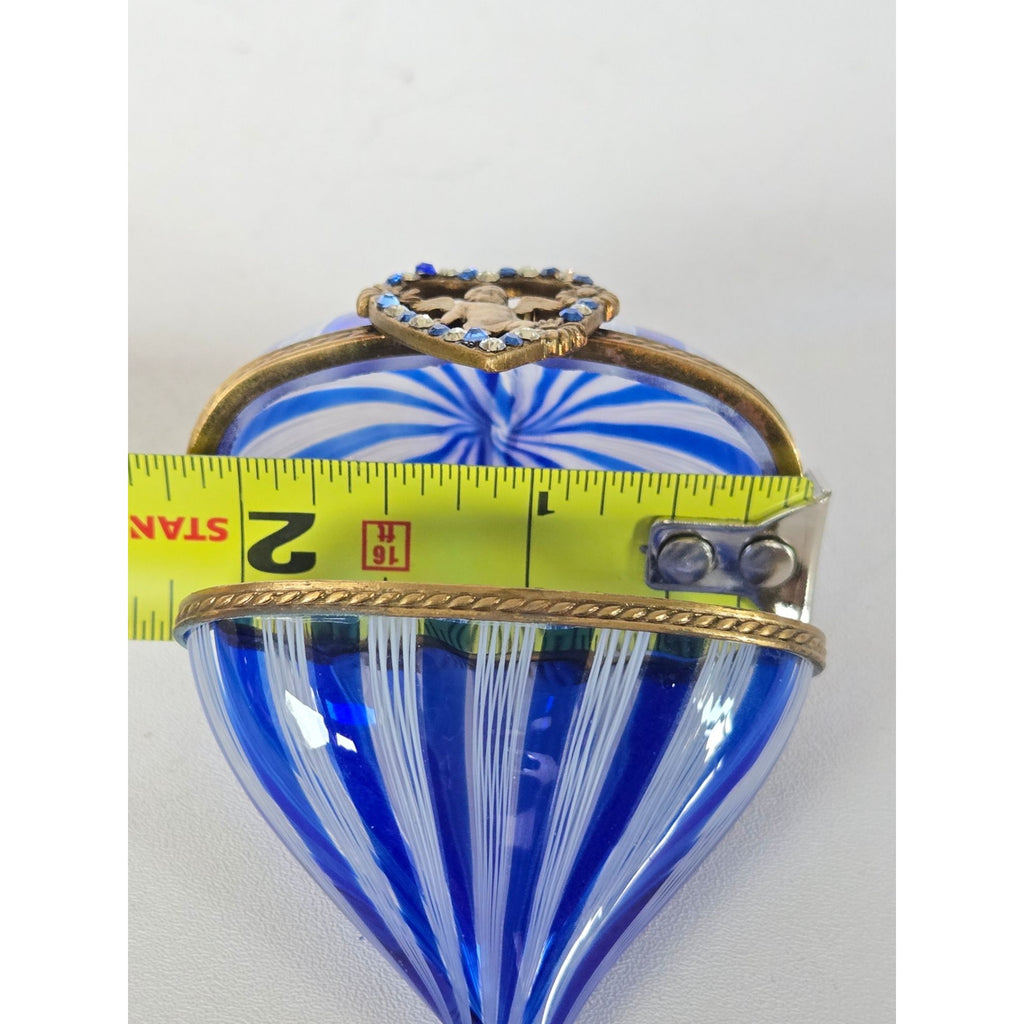 Murano Latticino Cobalt Blue Glass Heart Trinket Box W/Cherub & Rhinestone Accents