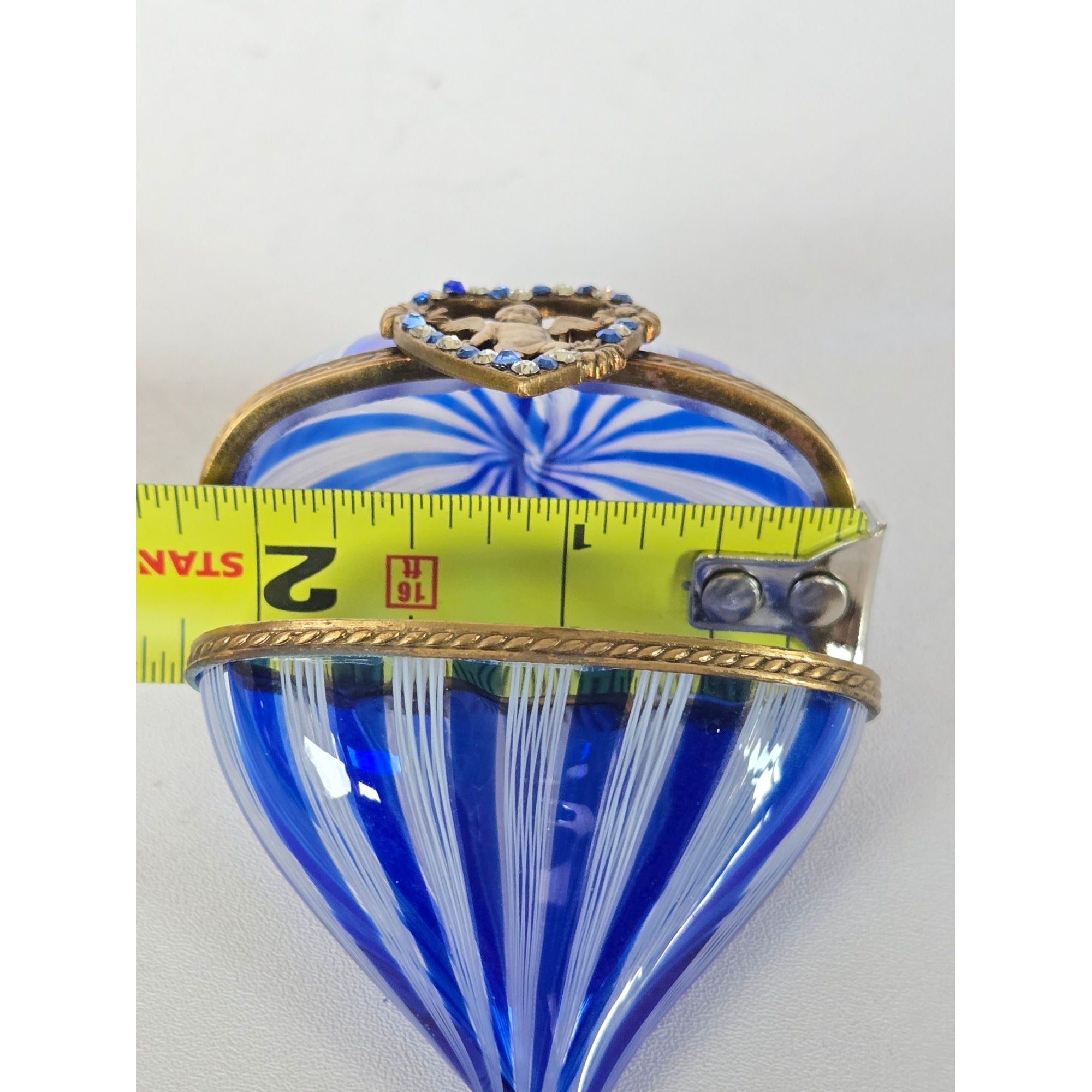 Murano Latticino Cobalt Blue Glass Heart Trinket Box W/Cherub & Rhinestone Accents