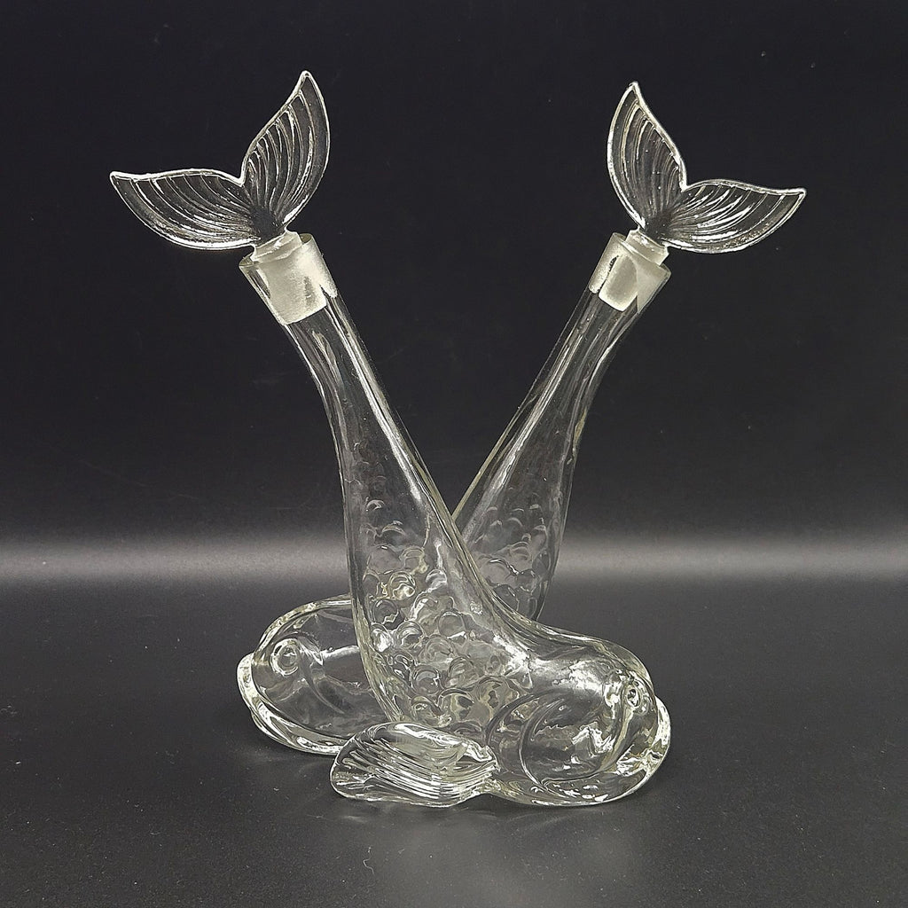 Vintage Czech glass Cruet Dual Fish Decanter w/ Tail Stoppers Made In Czechoslovakia