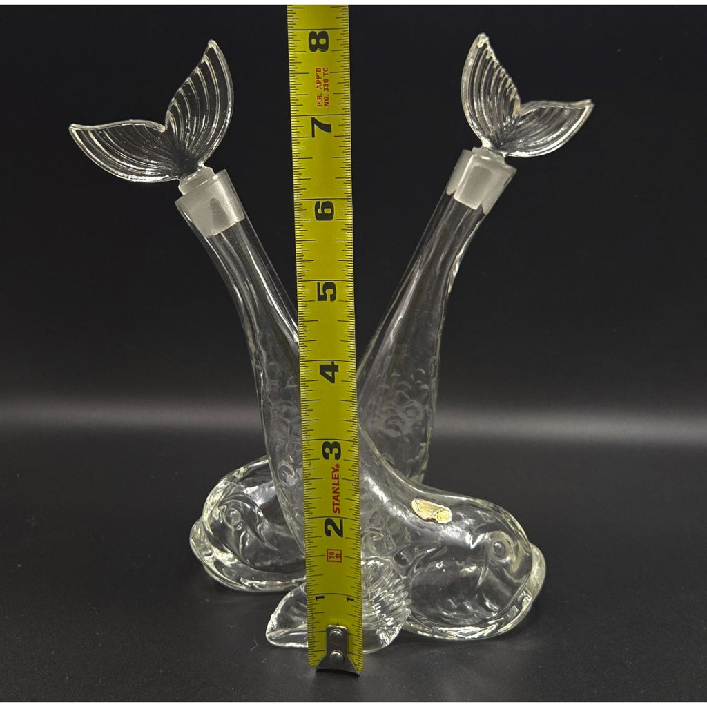 Vintage Czech glass Cruet Dual Fish Decanter w/ Tail Stoppers Made In Czechoslovakia