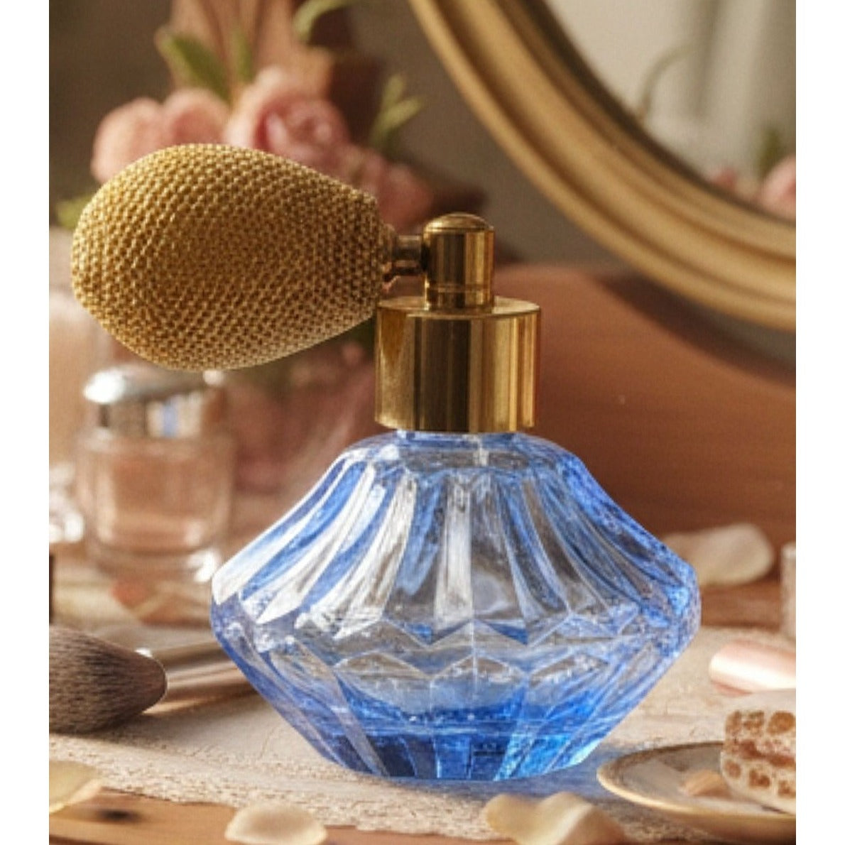 Vintage 1960s Faceted Perfume Bottle , Cornflower Blue, Gold Sprayer Bulb  3" Works