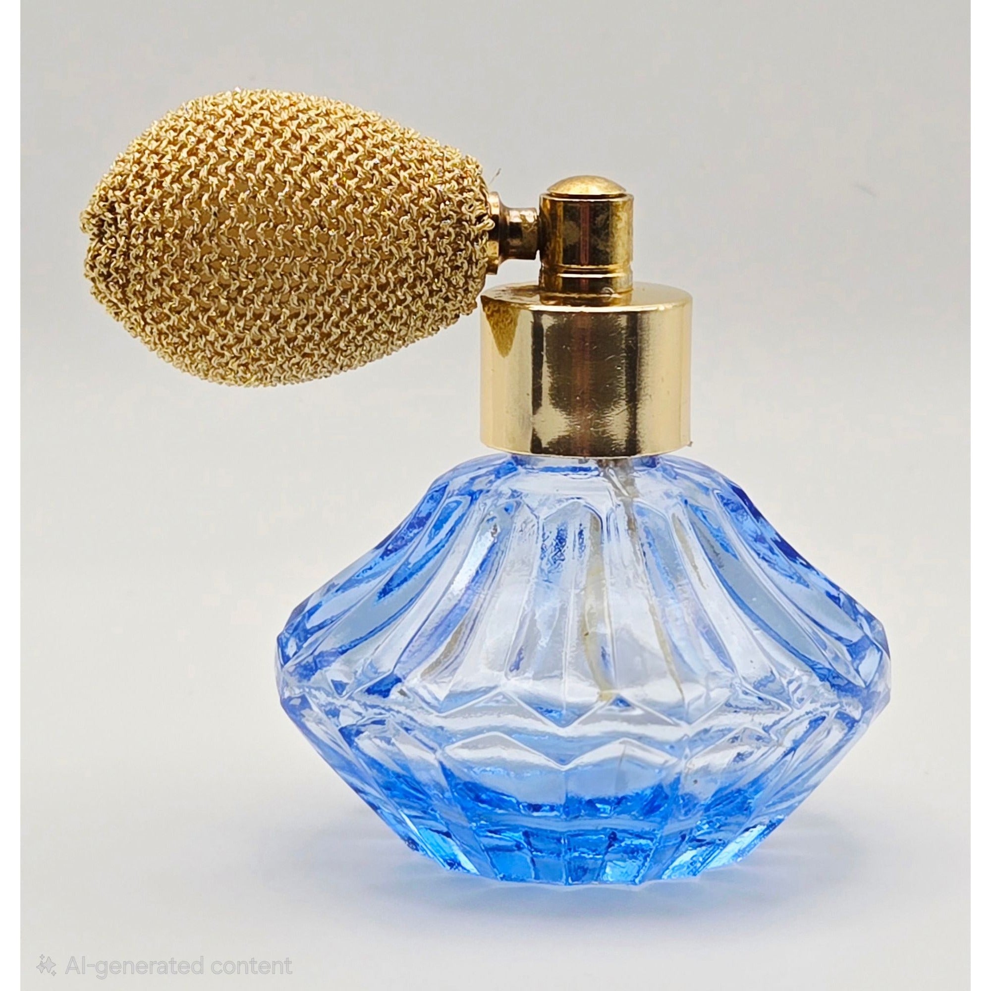 Vintage 1960s Faceted Perfume Bottle , Cornflower Blue, Gold Sprayer Bulb  3" Works