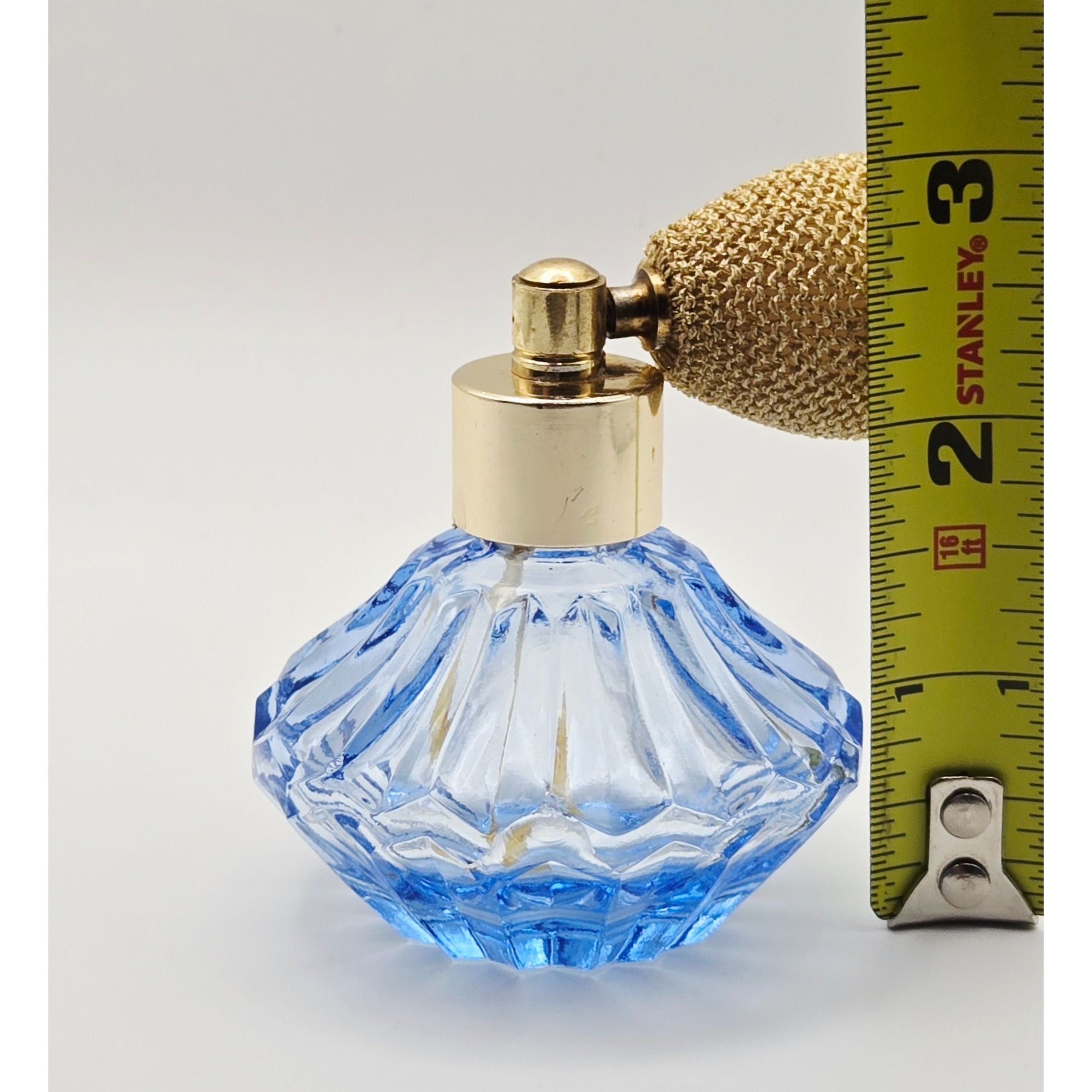 Vintage 1960s Faceted Perfume Bottle , Cornflower Blue, Gold Sprayer Bulb  3" Works