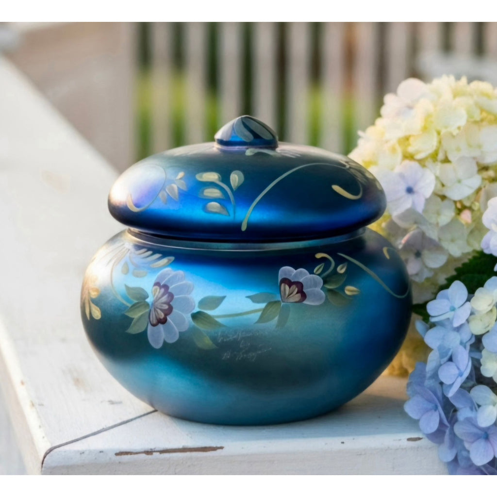 Fenton Glass Favrene Puff Box Honor Collection Cobalt Hand Painted, Signed Numbered 415