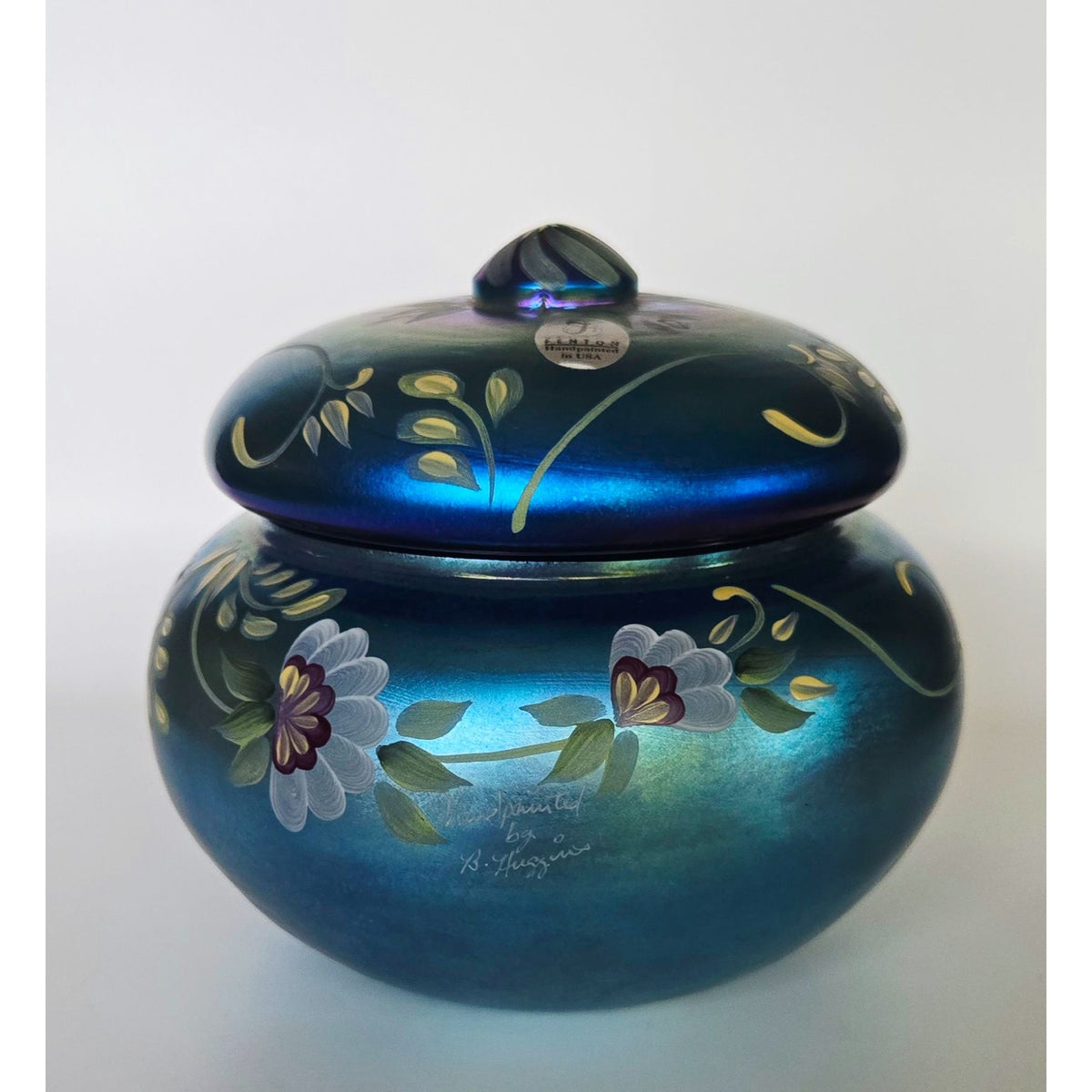 Fenton Glass Favrene Puff Box Honor Collection Cobalt Hand Painted, Signed Numbered 415