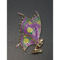 Fairy Butterfly Brooch With Purple & Green Enamel Wings Gold-Tone Metal Pin, 2"