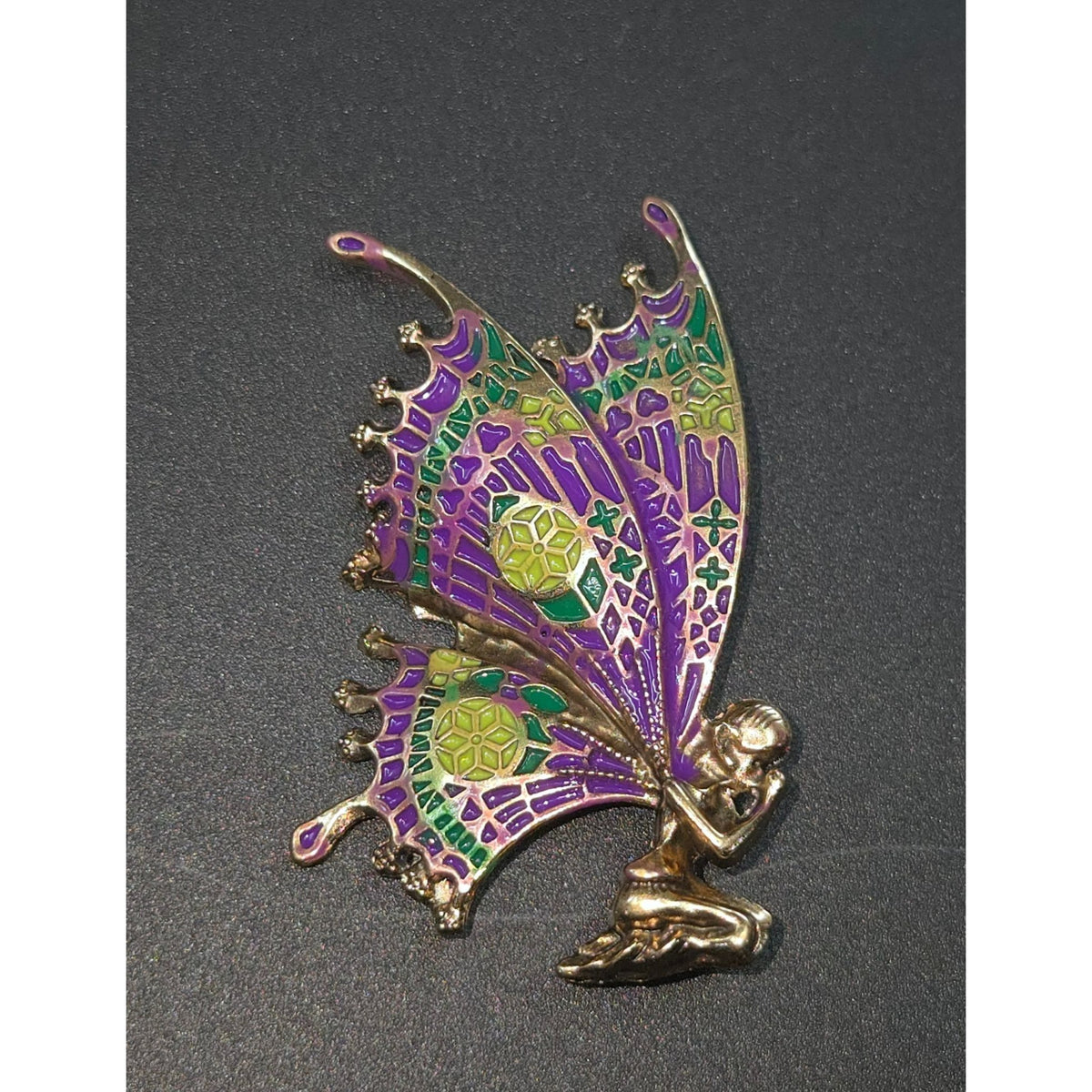Fairy Butterfly Brooch With Purple & Green Enamel Wings Gold-Tone Metal Pin, 2"