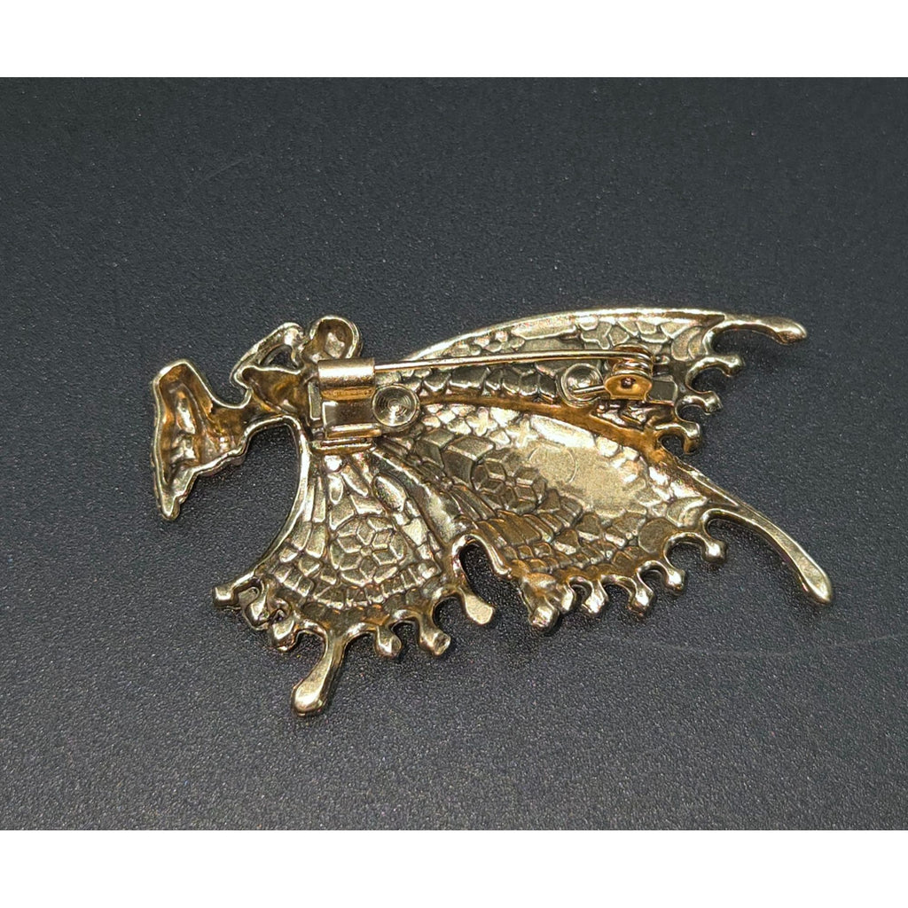 Fairy Butterfly Brooch With Purple & Green Enamel Wings Gold-Tone Metal Pin, 2"