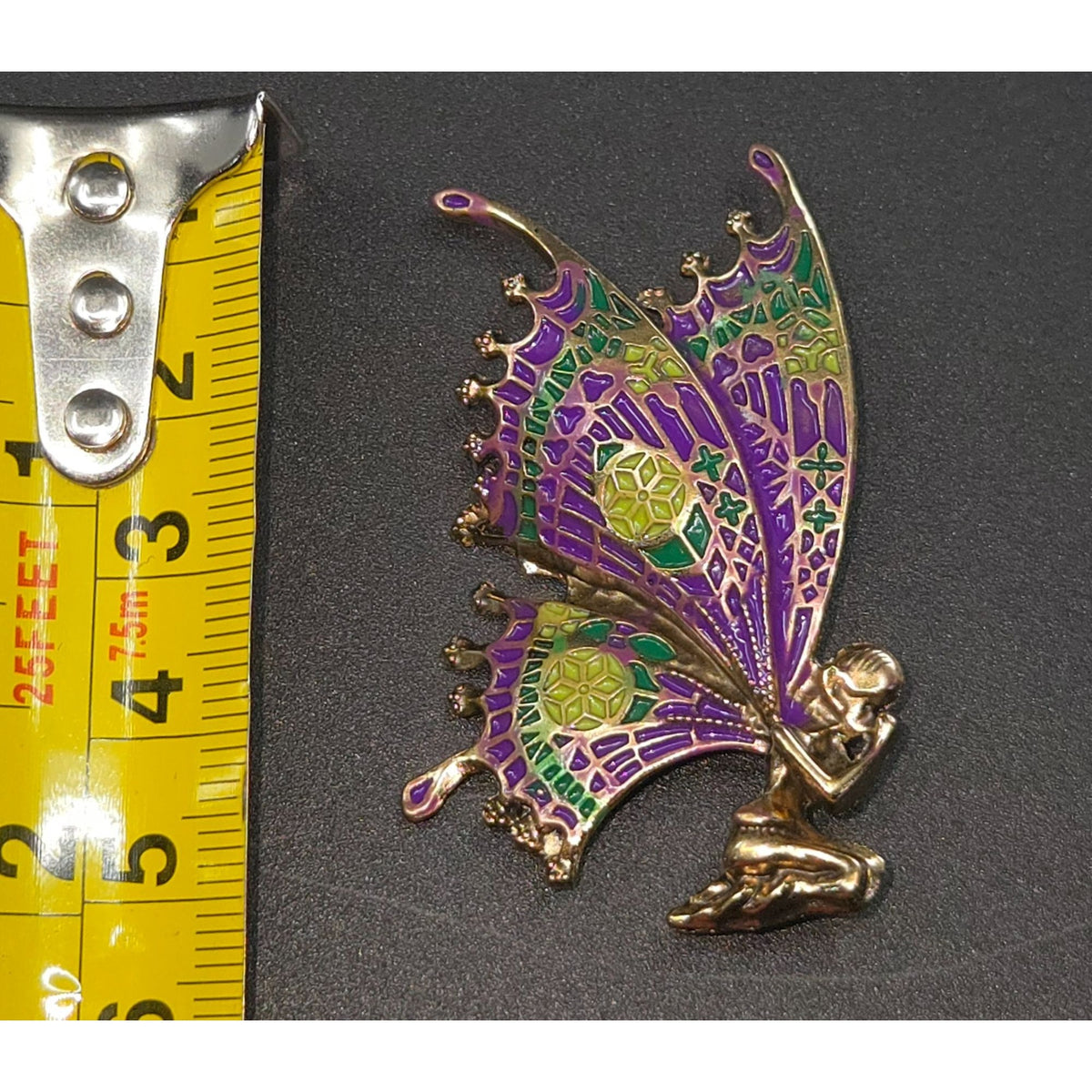 Fairy Butterfly Brooch With Purple & Green Enamel Wings Gold-Tone Metal Pin, 2"